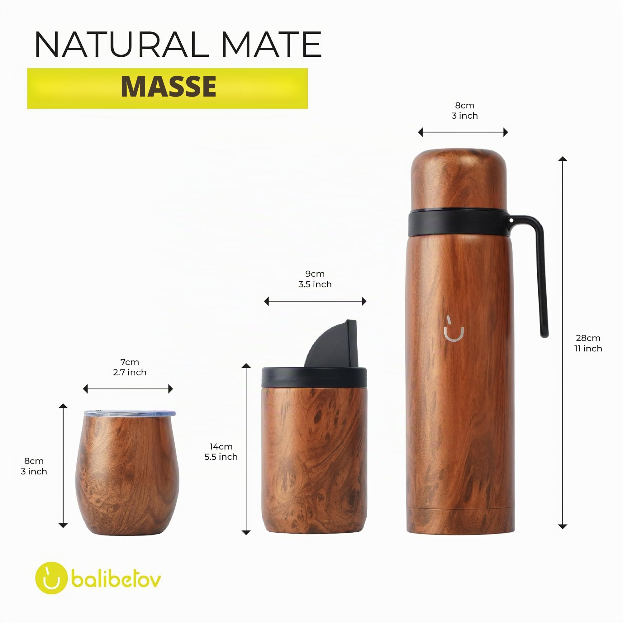 BALIBETOV Komplettes Yerba Mate Set – Mate Gourd, Isolierflasche, Yerba Behälter, zwei Bombillas und Reinigungsbürste im Lieferumfang enthalten – Alle Premium Qualität 304 18/8 Edelstahl (Holz)