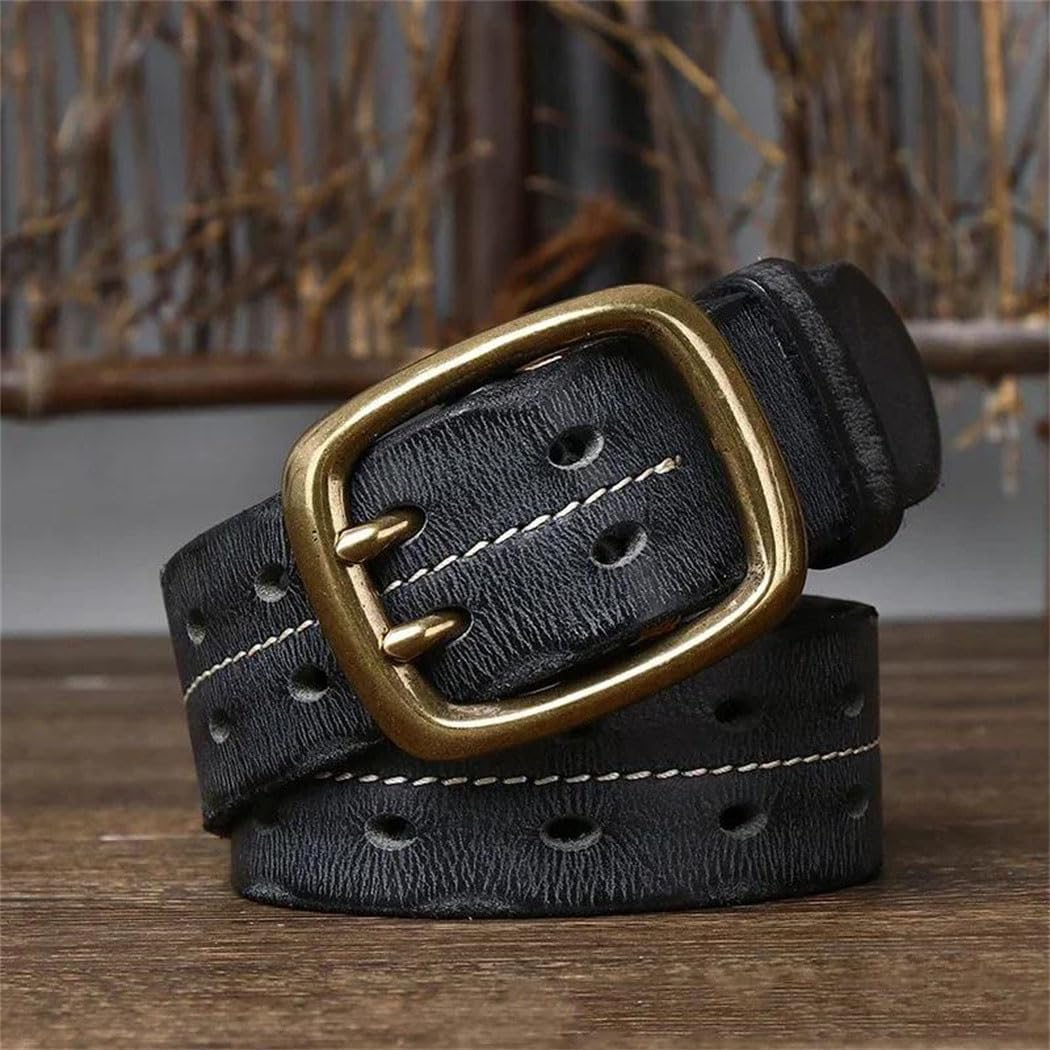 Men's Military Style Belt - 3.8 cm Solid Cowskin with Copper Double Pin Buckle