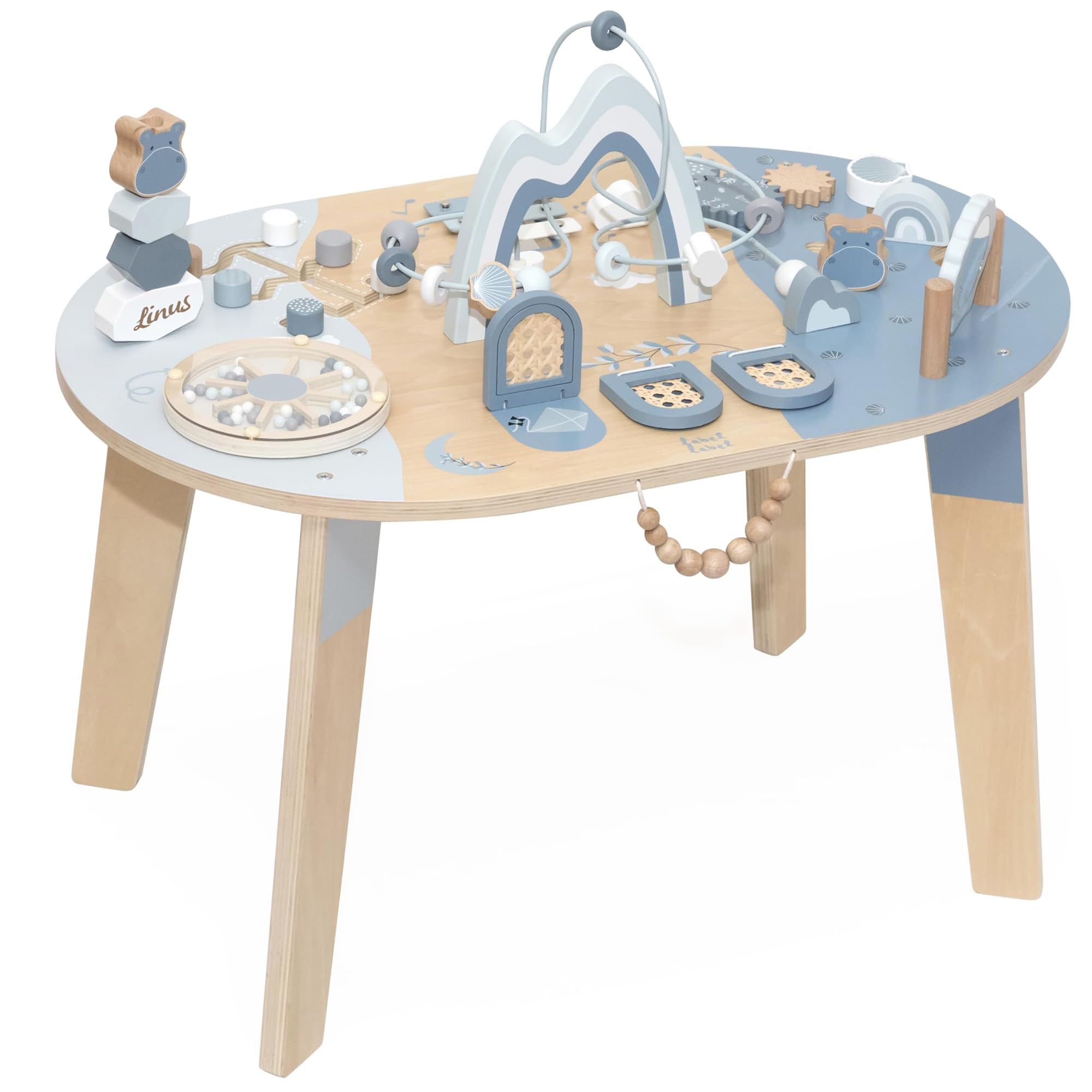Label Label Personalizzato Tavolo attività in Legno Blu – stimola la motricità fine & Gioco sensoriale per Bambini dai 24 Mesi