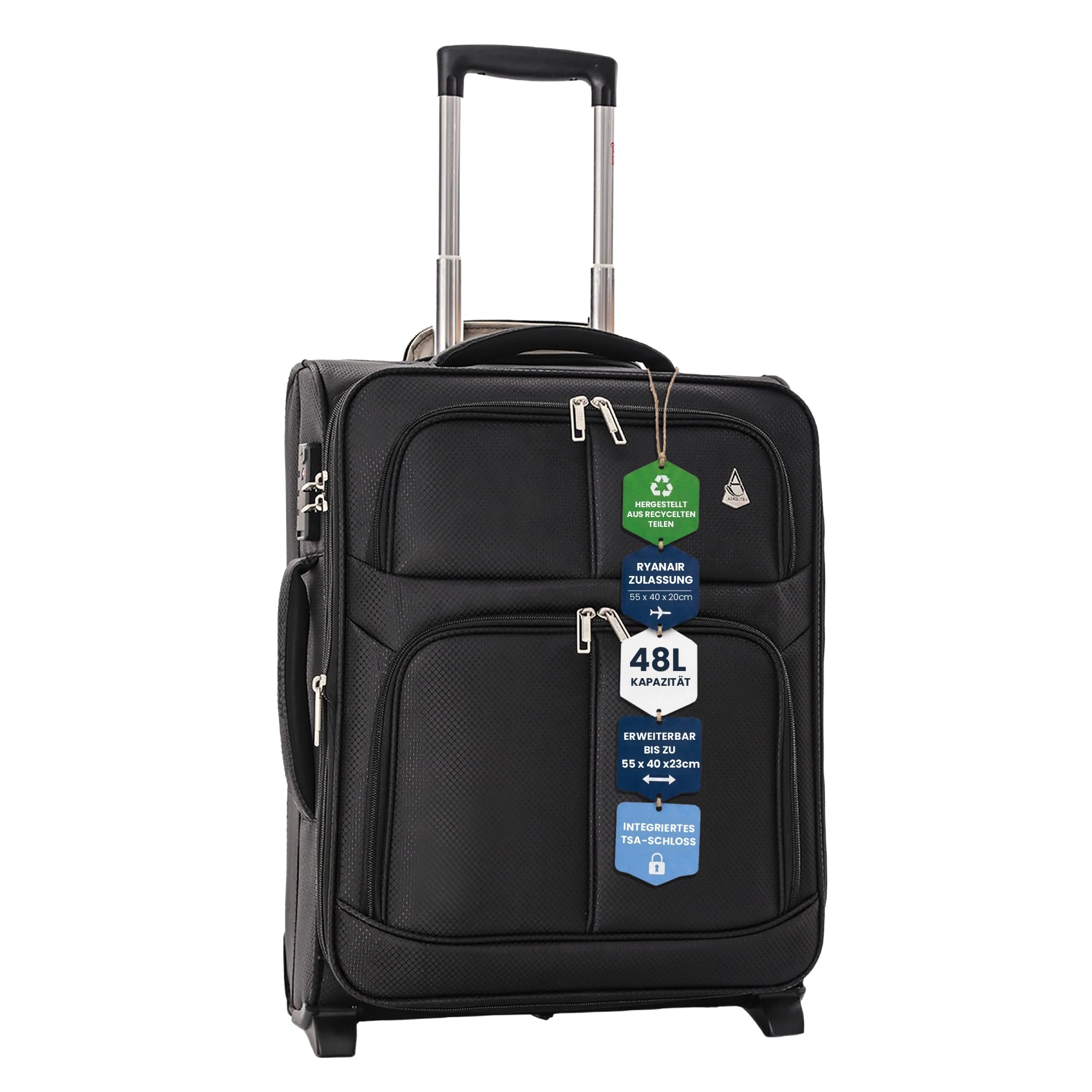 Aerolite Erweiterbar 55x40x20cm auf 55x40x23cm Lufthansa Eurowings Bordgepäck Handgepäck Koffer 55x40x20 55x40x20 mit 2 Rollen - Auch für Condor, SunExpress, TUI und Vieles Mehr (Schwarz)
