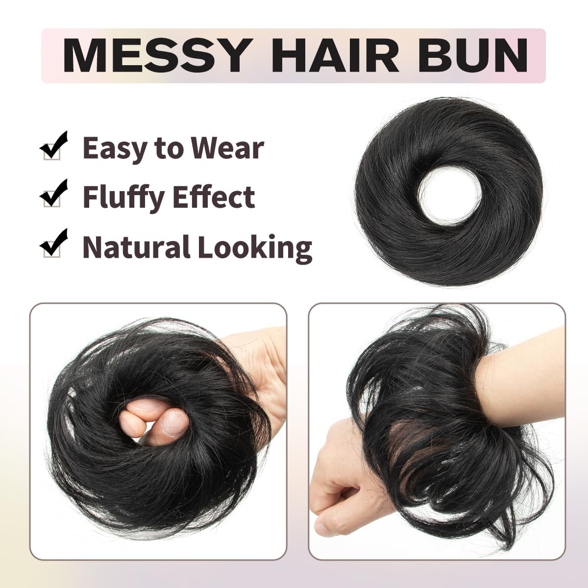 2PCS Hair Bun Fro Women, Black Messy Bun Hair Piece Human Hair Ponytail Extensions Hair Accessories Elastic Easy Scrunchie - Image 4