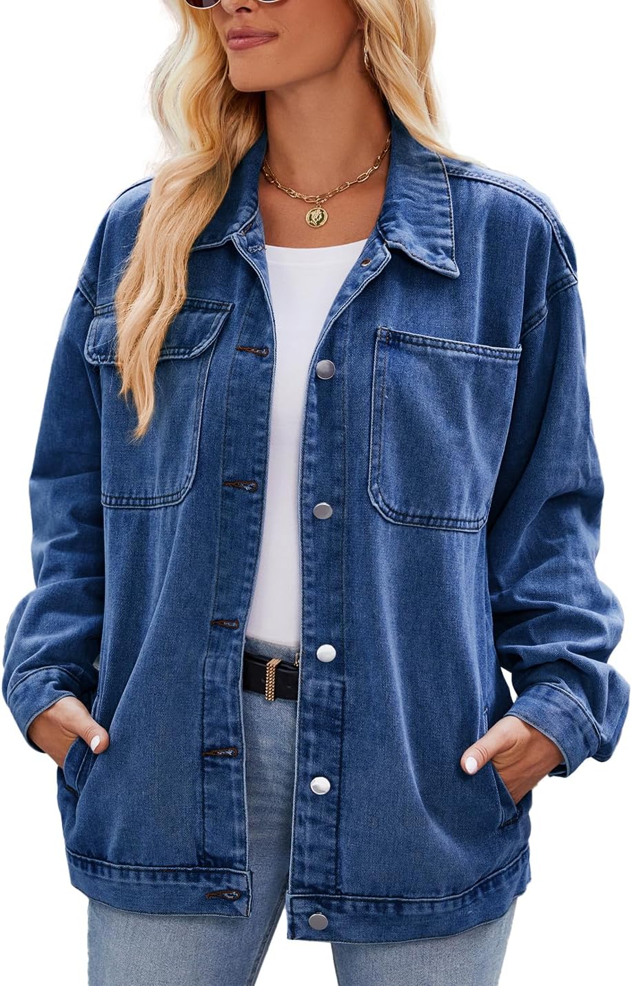Women's Vintage Casual Denim Jacket Loose Button Down Lapel Long Sleeve Jacket Shacket Coat