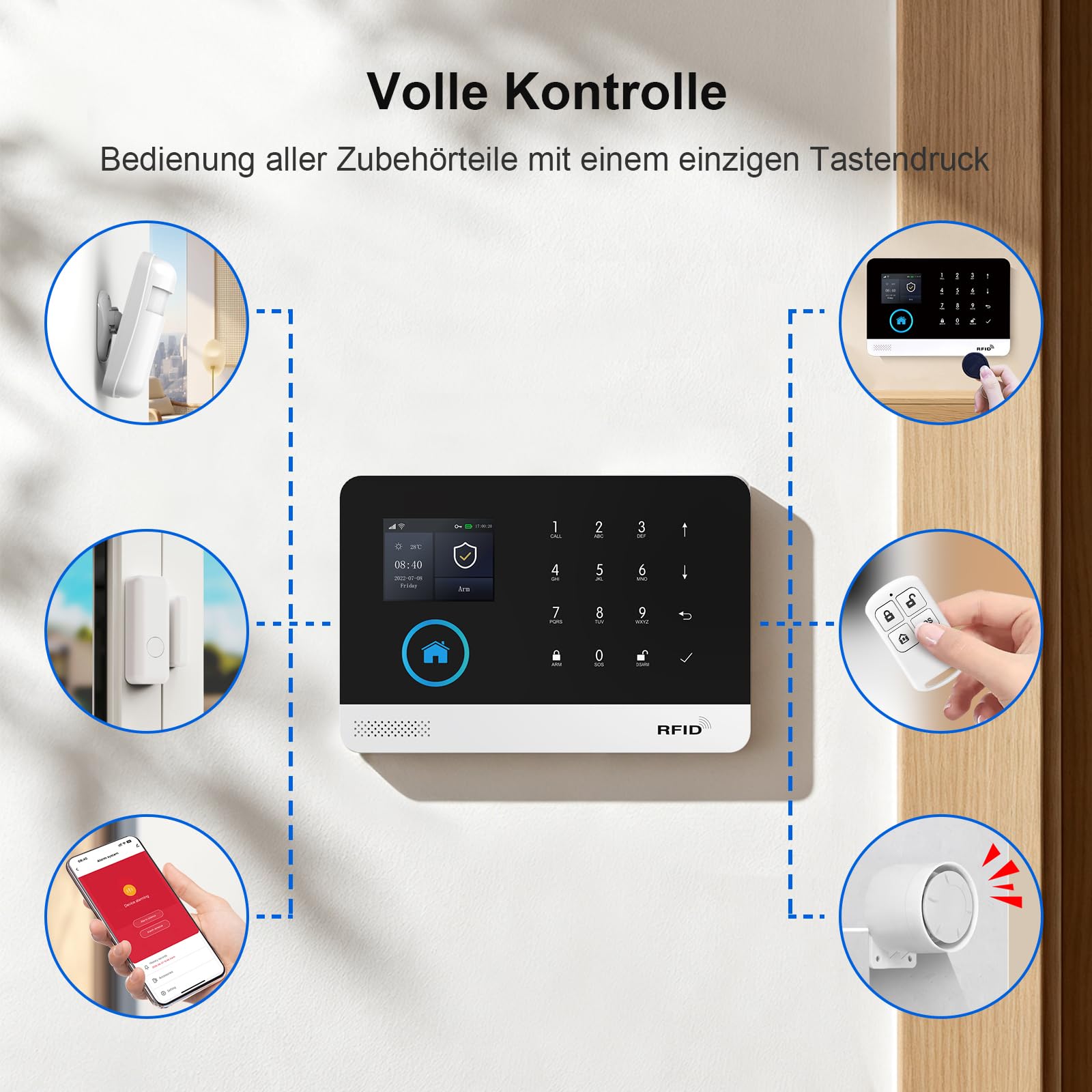 4G/WLAN Alarmanlage Haus mit Außenkamera, Sicherheitssystem für Haus mit Sirene, PIR-Bewegungsmeldern, Fenster-/Türsensor, Fernbedienungen, Kompatibel mit Google Assistant (25 Stück)