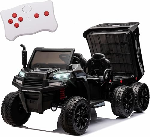 Auto de 24 V, 2 plazas, 6 ruedas XXL para niños, UTV 4WD con neumáticos EVA, Bluetooth, control remoto, auto con cama volquete, arnés de seguridad