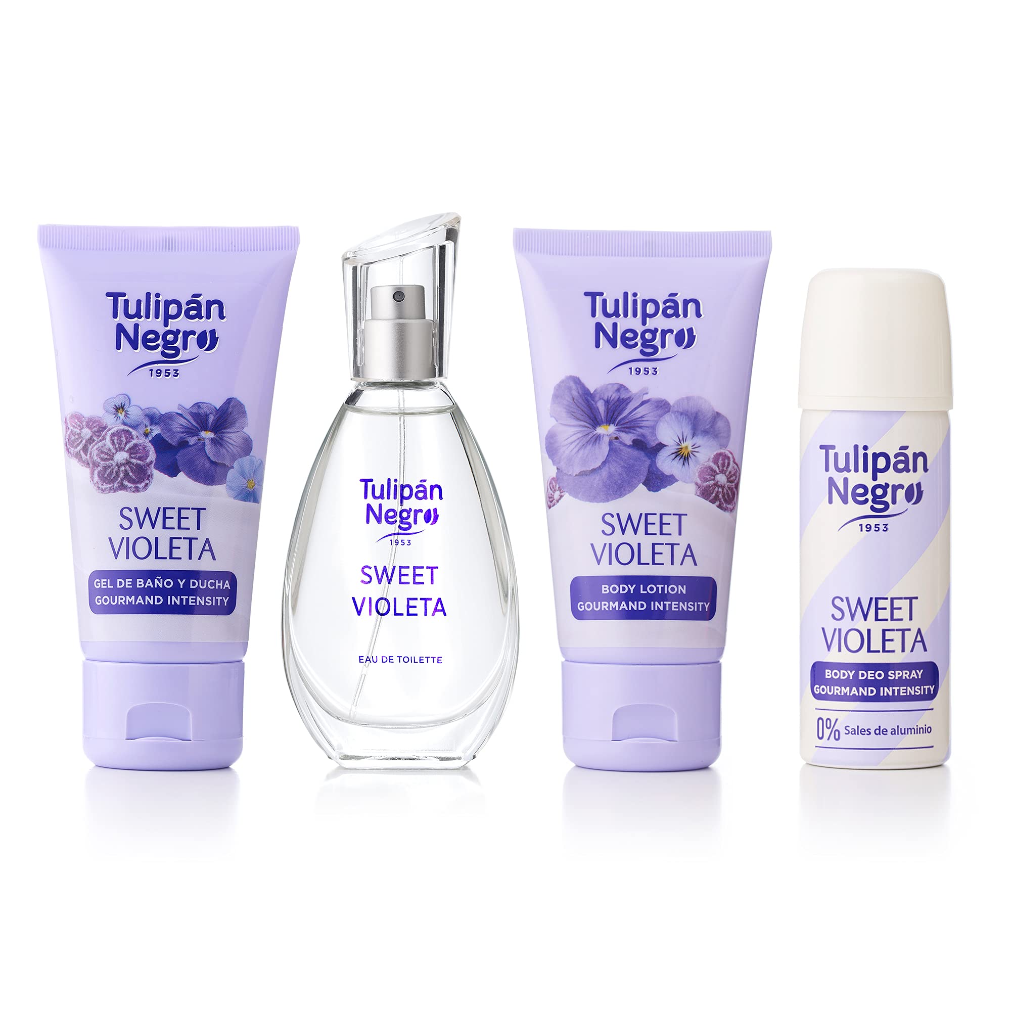 Tulipán Negro - Estuche Sweet Violeta, Colonia 50 ml + Loción Corporal 75 ml + Gel de Baño 75 ml + Desodorante Spray 50 ml, Fragancia Floral Dulce