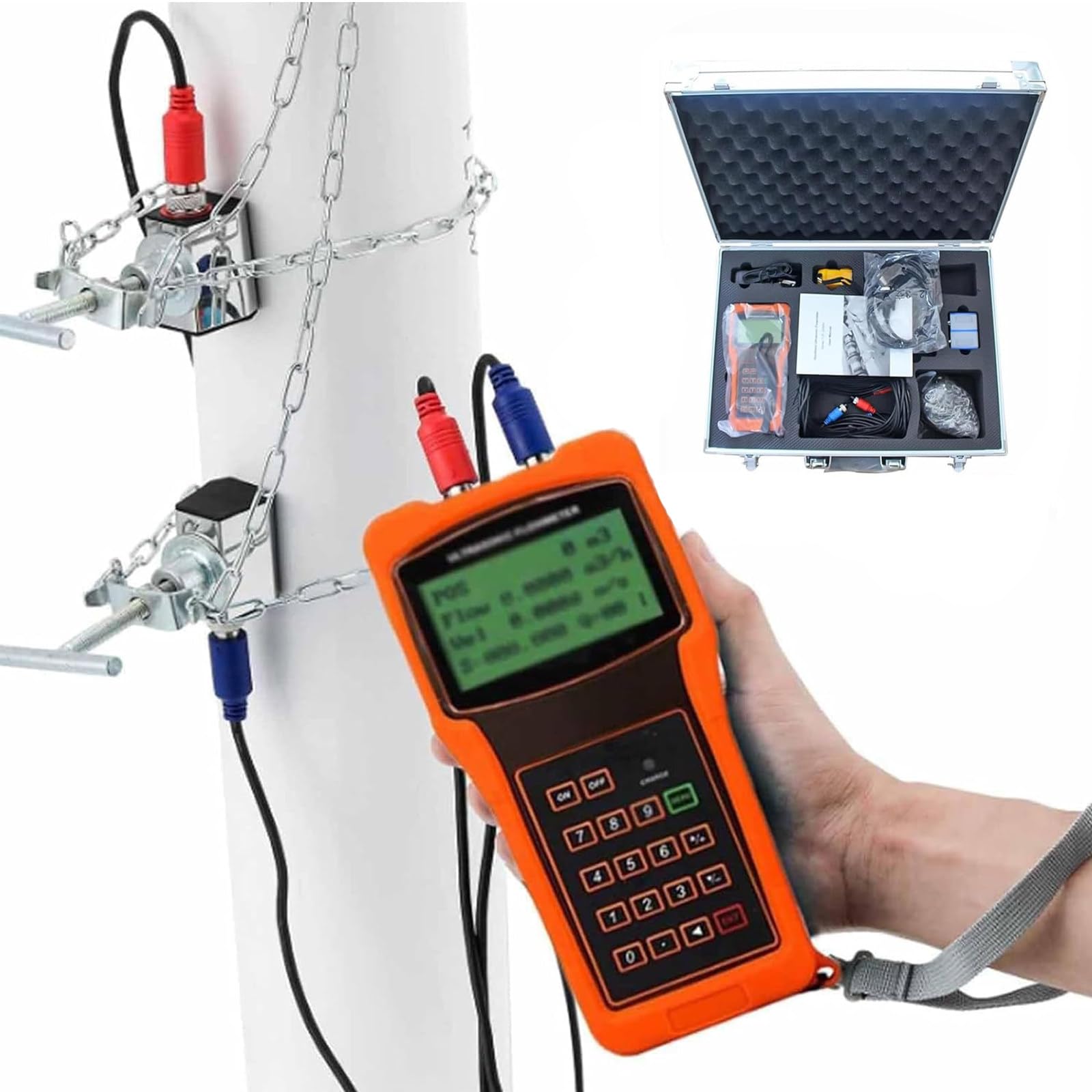 Misuratore di portata ultrasonico portatile con trasduttori a morsetto per tubo, misurazione diretta del flusso per liquidi chimici, carburante, petrolio greggio, flussometro industriale