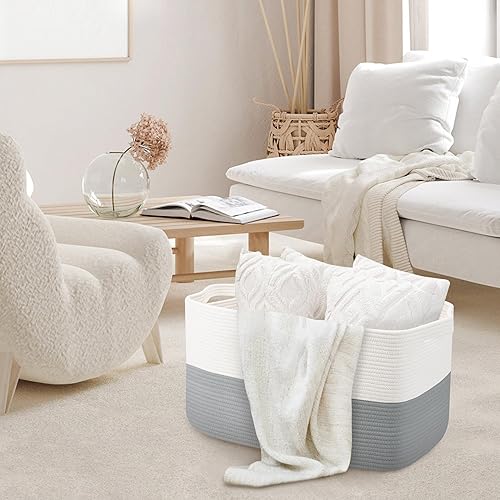 Miniatura 6 de Cesta de lavandería extragrande, cesta de almacenamiento rectangular de cuerda de algodón tejida con asas, cesta de mimbre para lavandería,