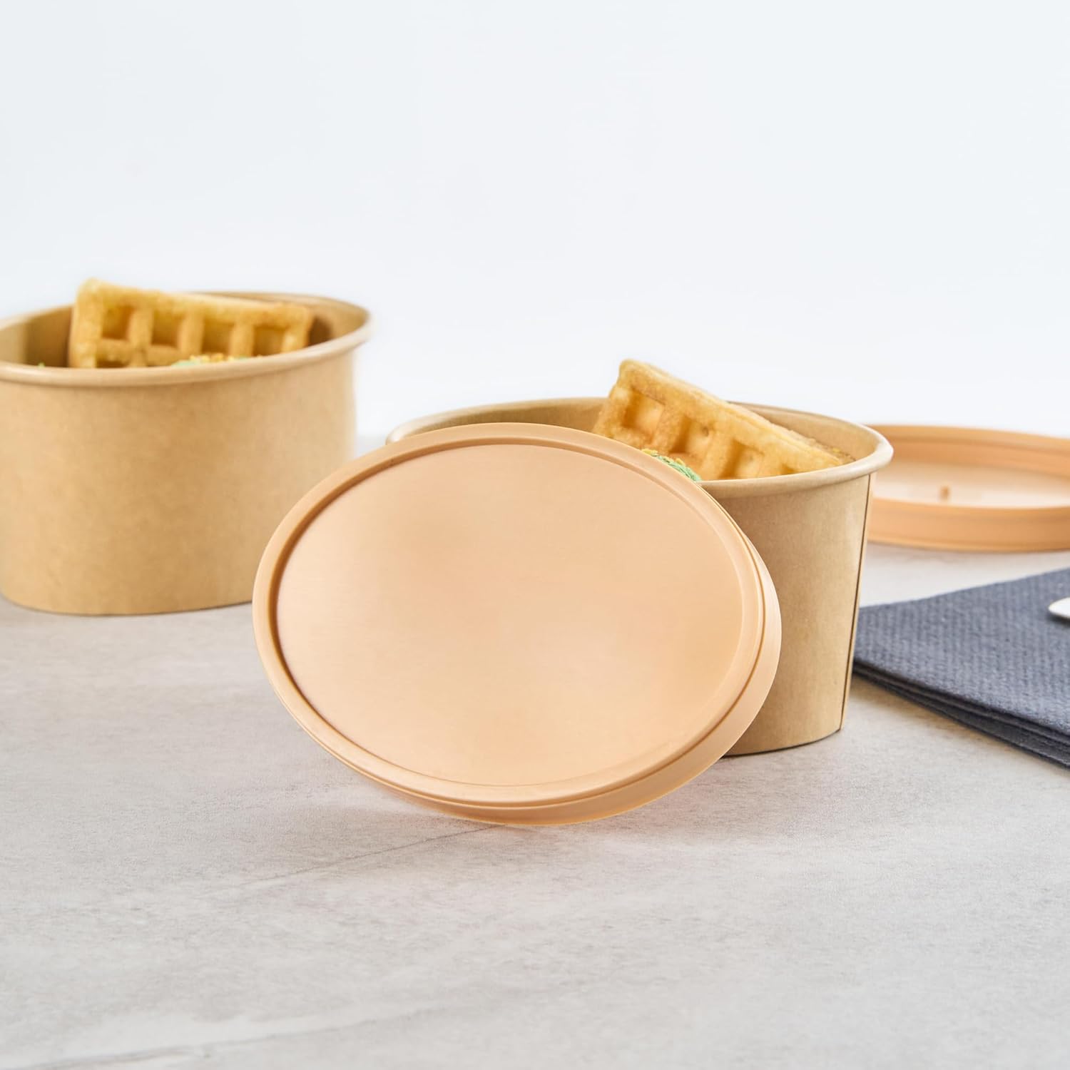 Restaurantware-LIDS ONLY: Coppetta 3.86 x 2.95 x 0.43 Inch To Go Cup Lids, 200 Durable Ice Cream Cup Lid - With Plastic Spoon, For Hot & Cold Foods, Brown Plastic Disposable Lid For Dessert Cups