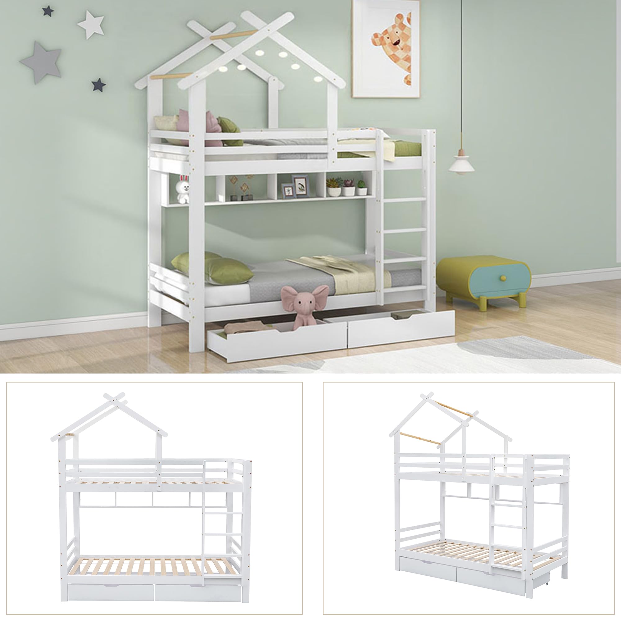 Cama Infantil, Litera Matrimonio 90x200, Litera para Niños con 2 Cajones y Estantes, Cama Altill con Escalera de Tres Peldaños y Tejado, Cama Altillo con Listones de Madera, Sin Colchón