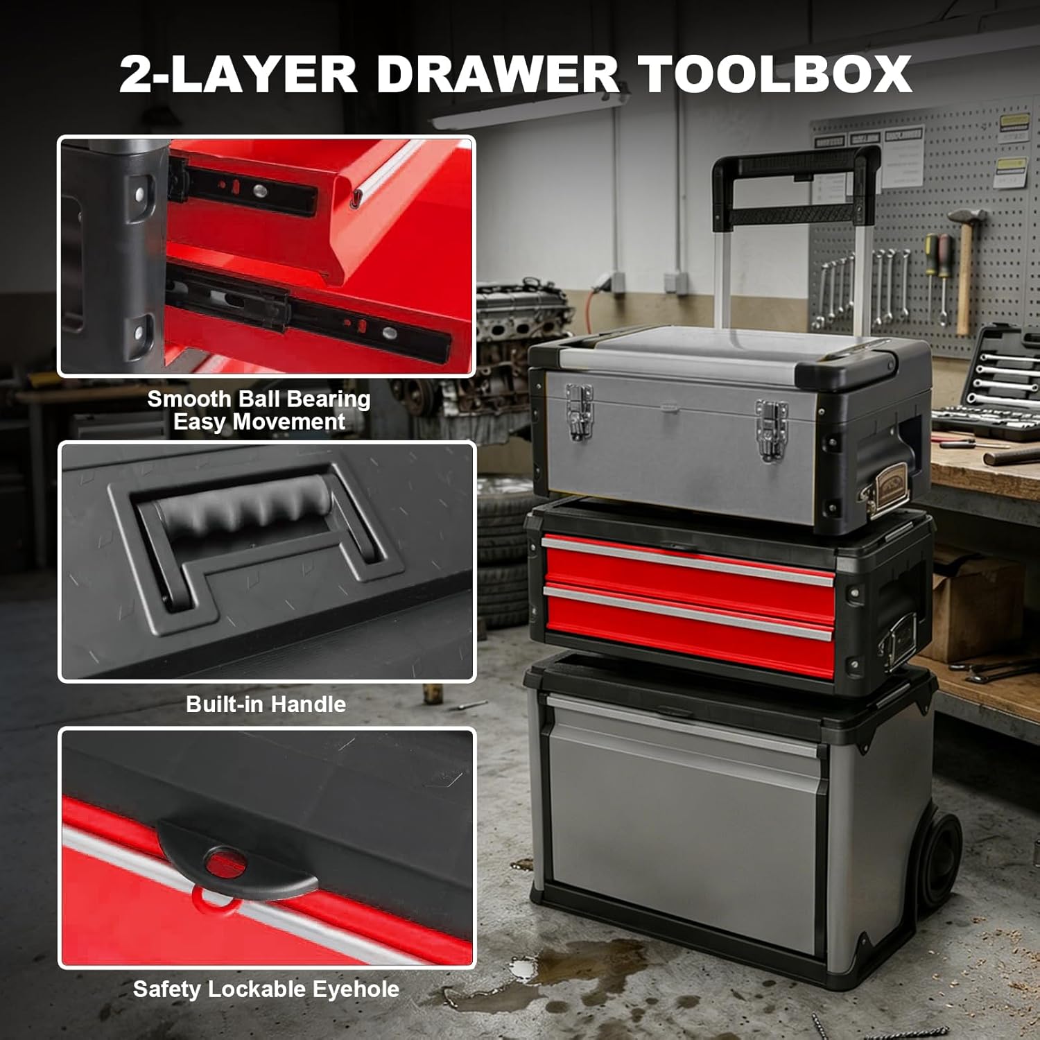Stackable Rolling Tool Box Portable Metal Toolbox Organizer with Wheels and 2 Drawers Separate Rolling Upright Trolley Tool Chest for Garage or Workshop, Red