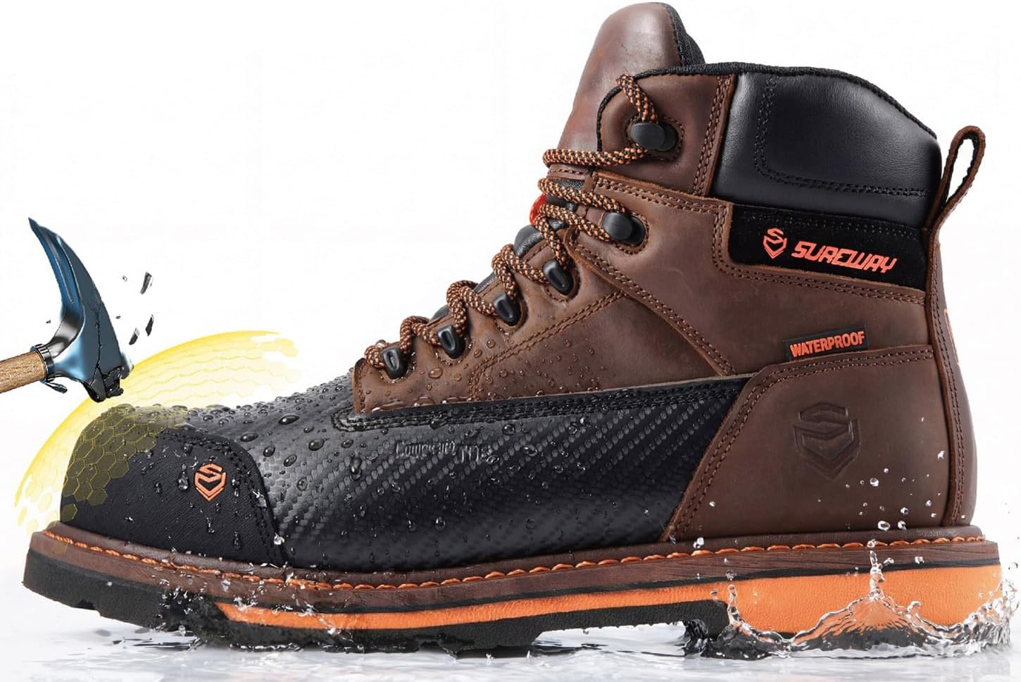 SUREWAY Men's 6" Waterproof Soft/Composite Toe Work Boot - Heavy Duty Crazy Horse Leather, Slip Resistant Lace Up for Construction & Industrial Safety