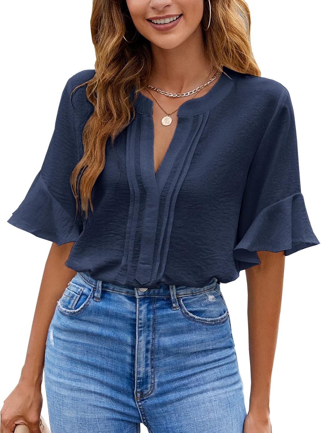 BMJL Womens White Blouses Chiffon Ruffle Short Sleeve V Neck Business Casual Tops Summer Cute Shirt