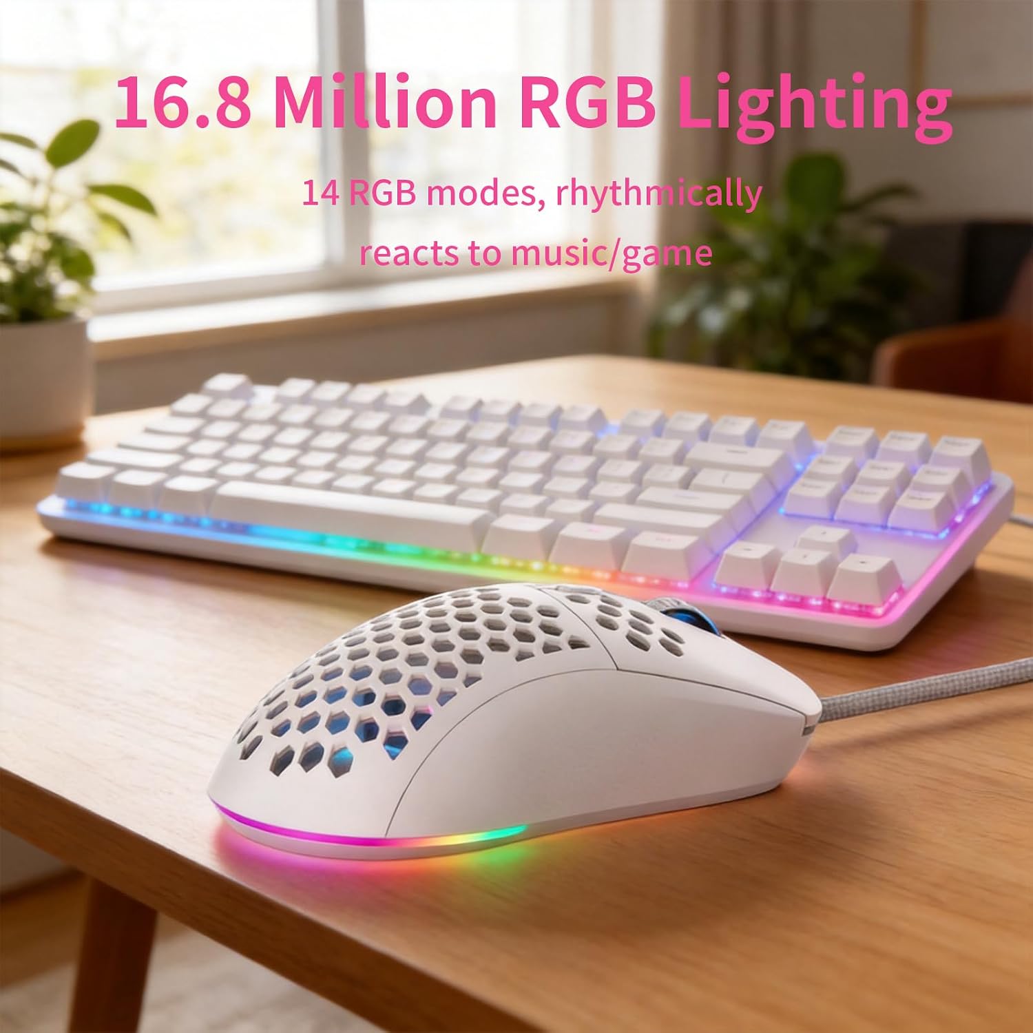 MR.FOX M1 Ultralight Honeycomb Gaming Mouse Wired, 75g Lightweight, 12,800 DPI Optical Sensor, RGB Lighting with Music Sync, 6 Programmable Buttons, Braided Cable, Gaming Mouse for PC/Mac, White