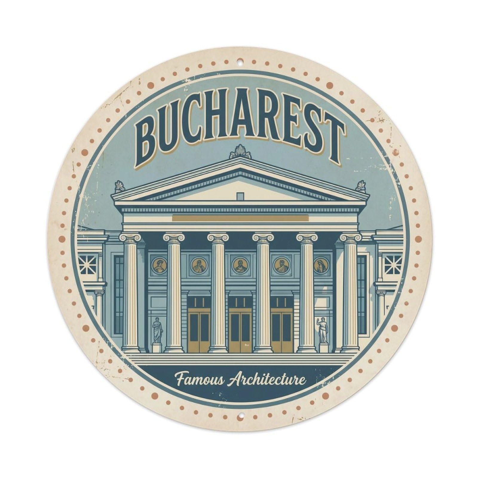 Fqcyn Style Vintage Travel Bucharest Neoclassical Famous Metal Tin Sign