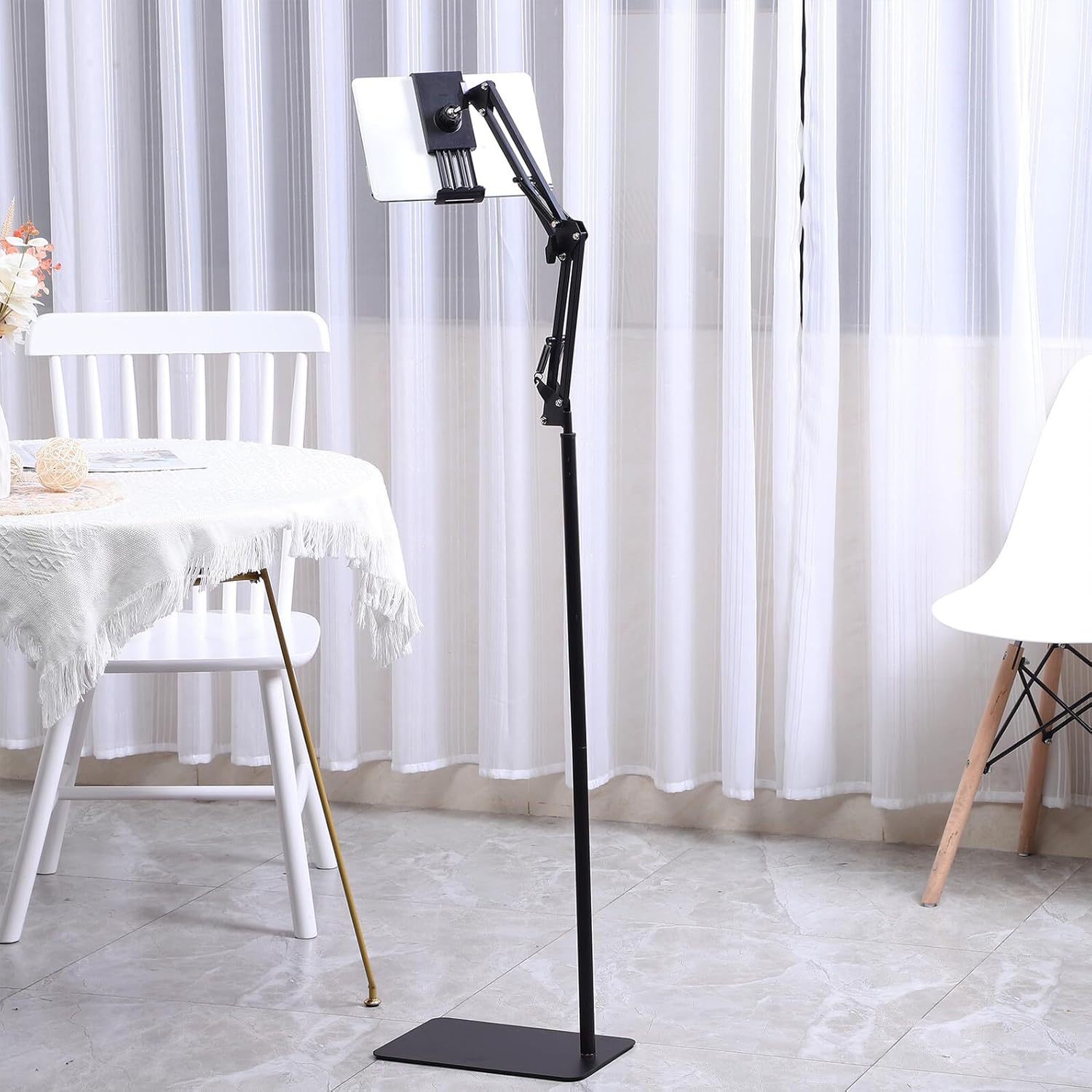 Adjustable Phone Floor Stand and Tablet Holder 135cm Height Rotatable Overhead Arm Mount for Recording and Streaming Black Cellphone Mount for Home and Office