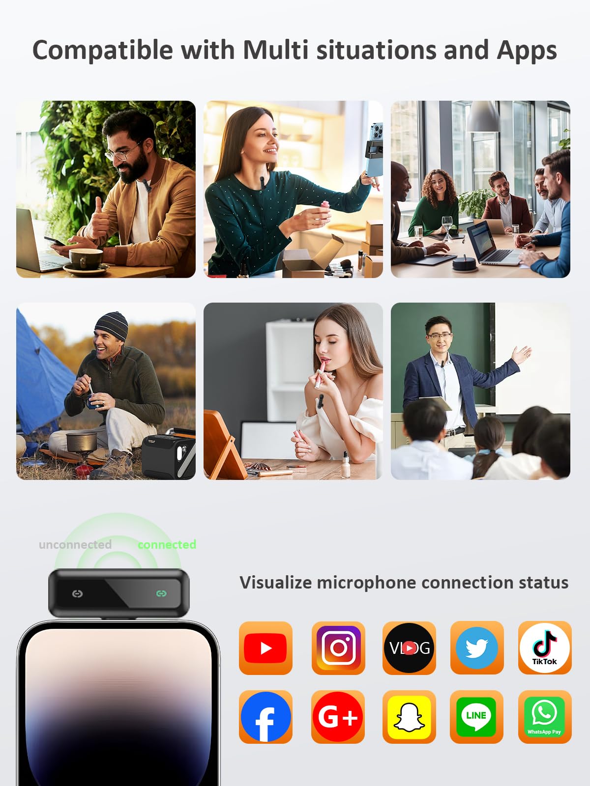 Wireless Lavalier Microphone for iPhone 5-14 Series, LED Display Mini Lav for iPhone with Noise Cancelling, Lapel Mic Wireless 2 pack for Content Creator Video Recording, Vlogging (Lightning Only): USBC RX Mic