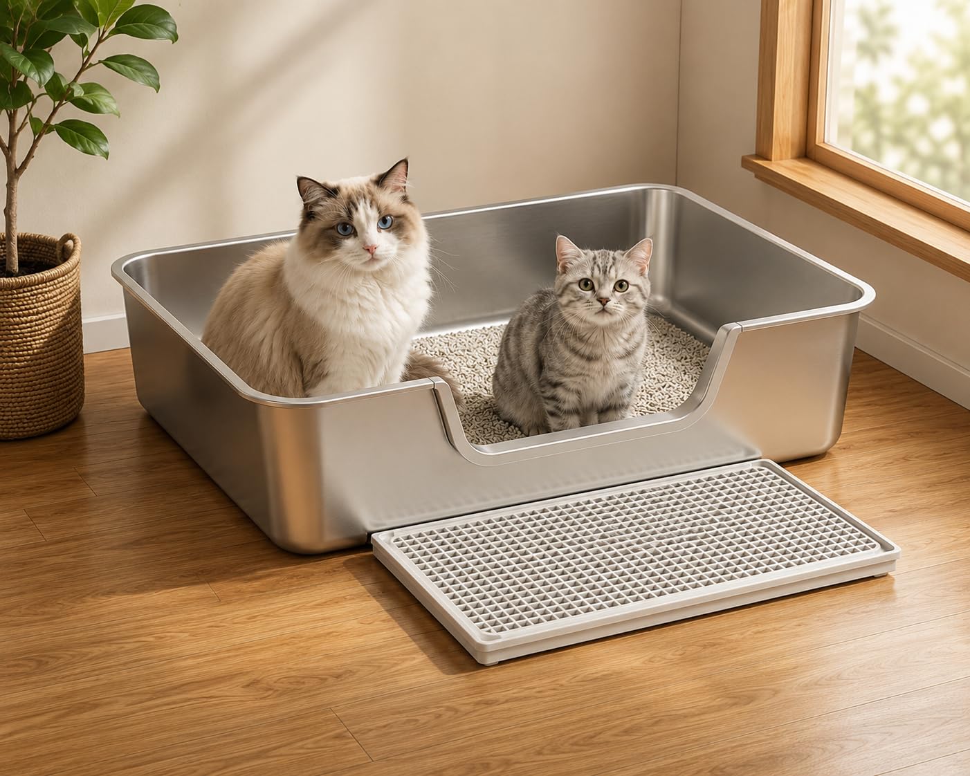 Bac à litière XXL en acier inoxydable avec tamis, bord haut et entrée basse, sans odeur, facile à nettoyer, bac à litière en métal pour grands chats et maison multi-chats, 60 x 40 x 20 cm
