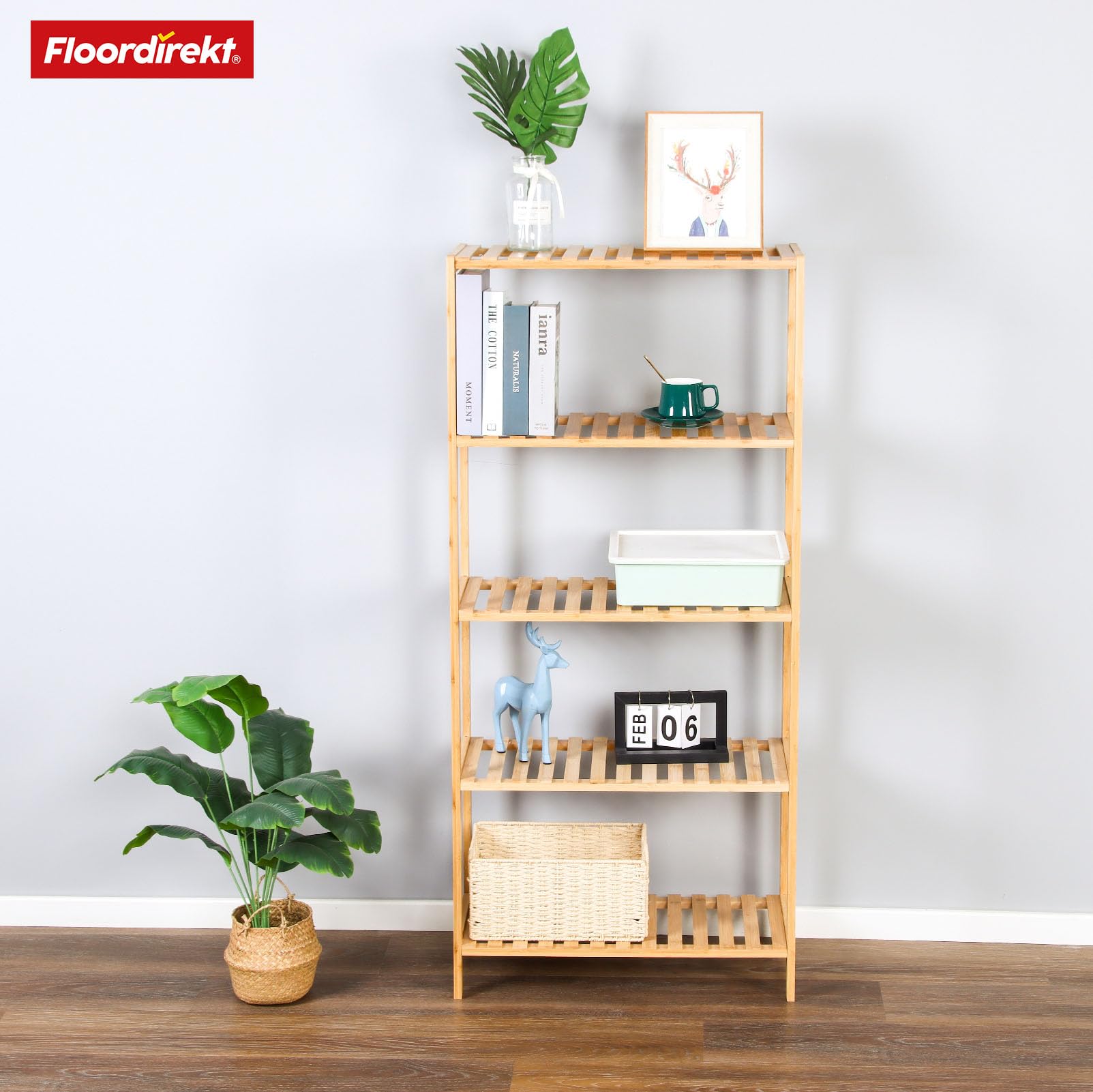 Floordirekt Bambus Regal, schmales Standregal für Badezimmer, Schlafzimmer, Wohnzimmer, Holzregal mit 5 Etagen, Regal Größe 60 x 26 x 130 cm (Ohio)
