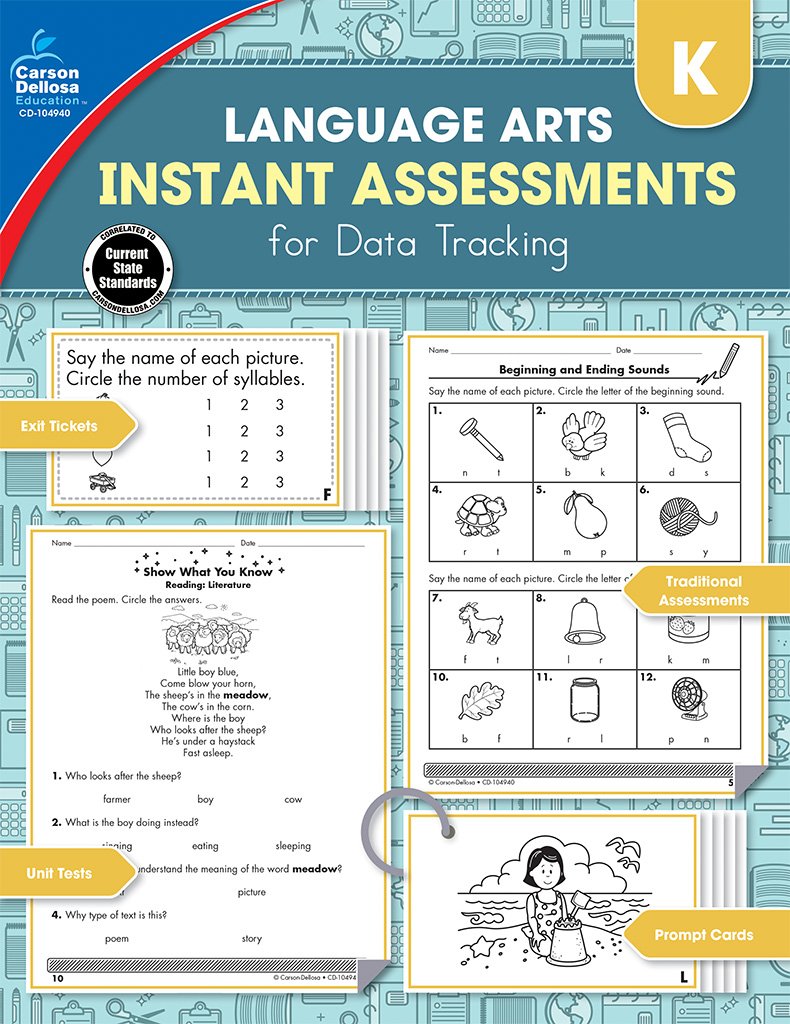 Carson Dellosa Language Arts Instant Assessments for Data Tracking Book, Kindergarten Tests Covering Parts of Speech, Phonics, Reading Comprehension, and More, Classroom or Homeschool Curriculum