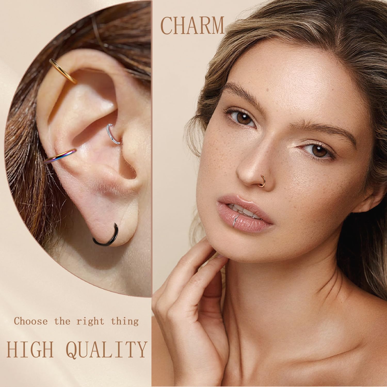 AROWRO Nose Rings Hoops 5 Pcs Septum Rings 20G 18G 16G 14G 12G Conch Piercing Jewelry 316L Surgical Steel Hinged Segment Nose Hoops Helix Daith Rook Tragus Cartilage Piercing Jewelry - Image 3