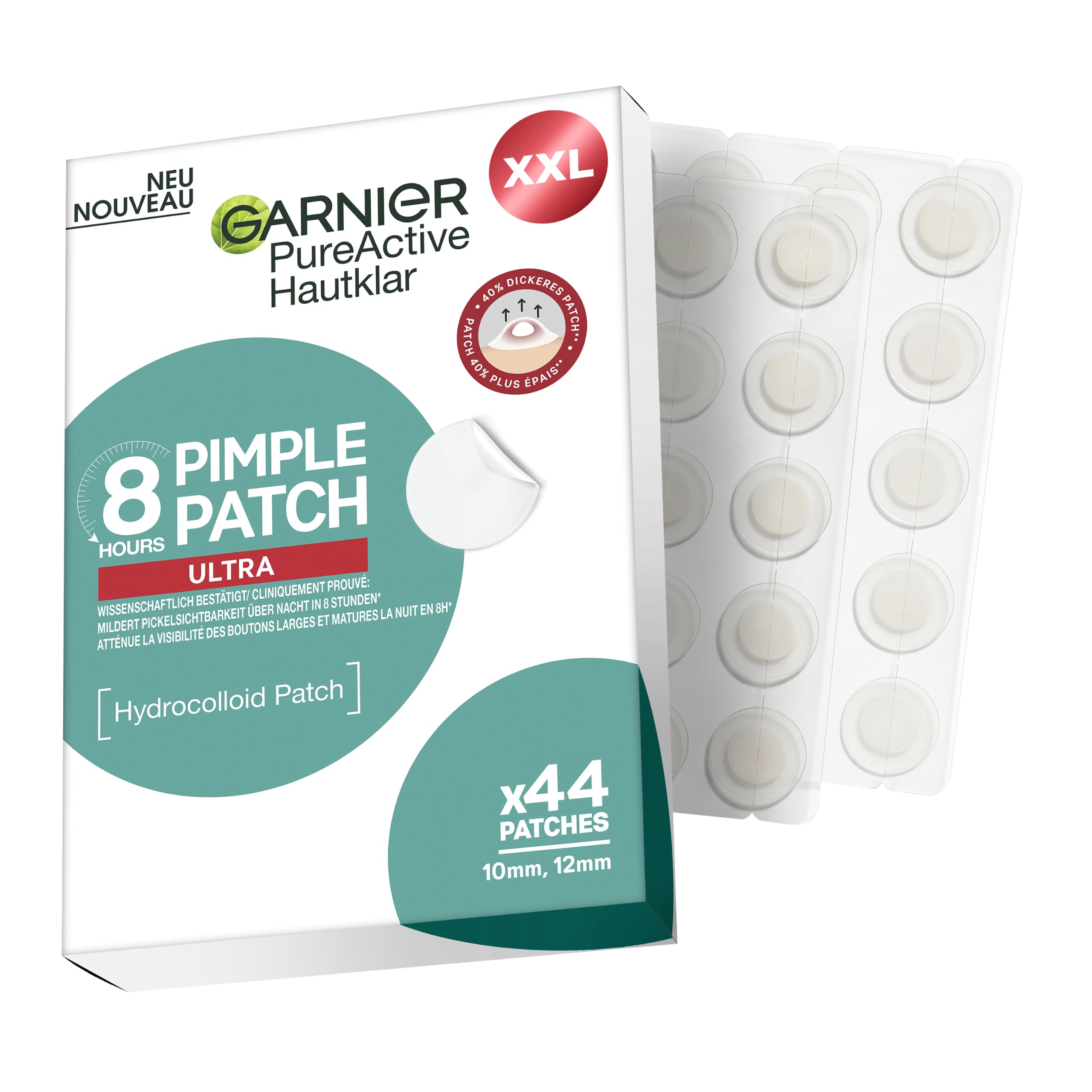 Garnier PureActive Hautklar Pimple Patch Ultra XXL Pack, Hydrocolloid Anti-Pickel Patches, Mildert & flacht Pickel in 8 Stunden ab, 44 Stück