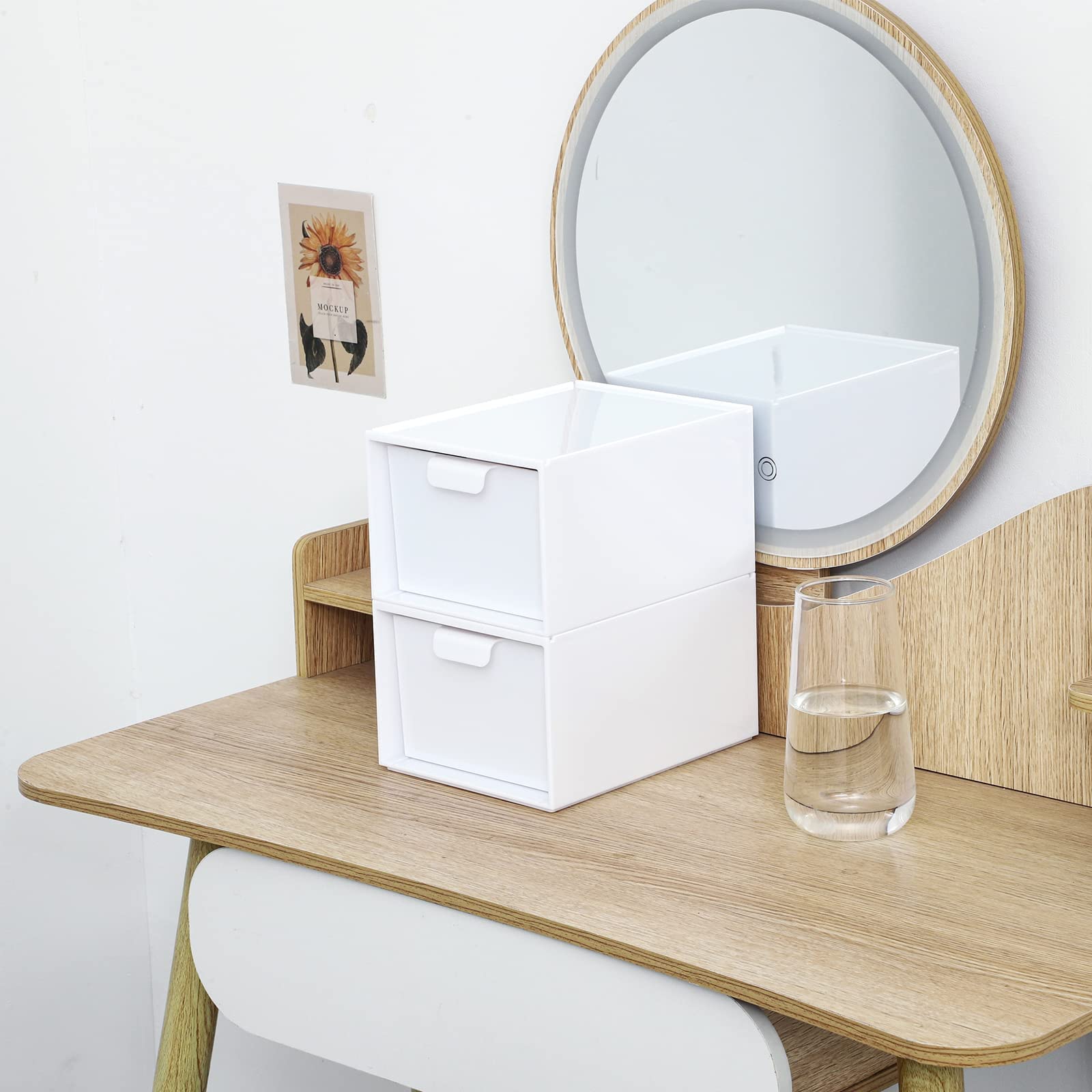 Yieach 2 Pack Stackable Makeup Organizer Storage Drawers 4.5'' Tall Acrylic Cosmetic Display Case White Bathroom Plastic Storage Bins For Vanity,Under Cabinets,Pantry Organization and Storage