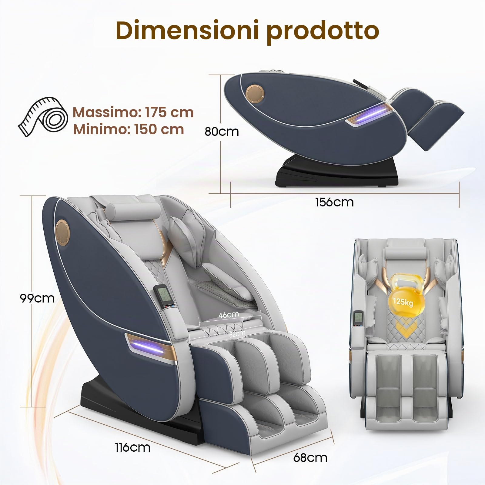 Poltrona massaggiante per tutto il corpo, con 14 punti massaggianti e 8 airbag, riscaldamento lombare e delle gambe, massaggio plantare con rulli, altoparlante Bluetooth, poltrone massaggiant