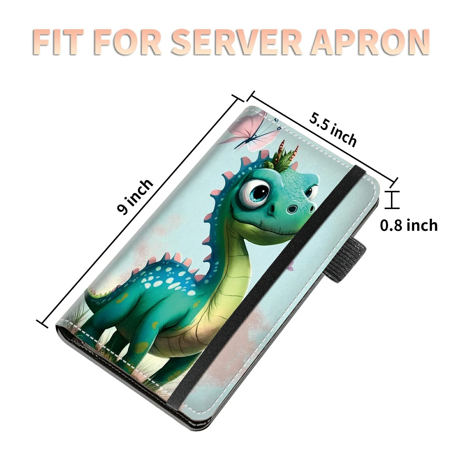 High Volume Server Books, Butterfly Dinosaur Server Book w/ 2 Expandable Pockets 9 x 5 Cute Waitress Book Zipper Pocket & Strap Closure Waitstaff Organizer Server Booklet Waiter Money Wallet