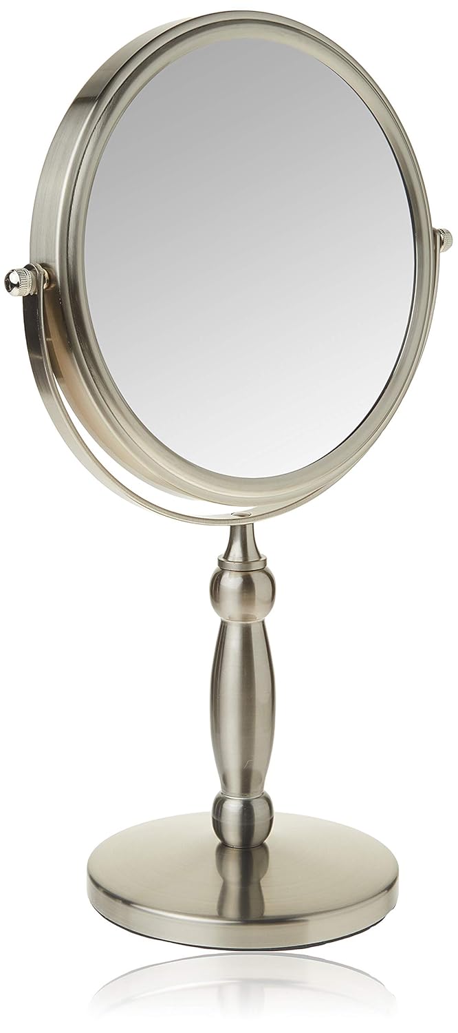 Floxite Dual sided 1x and 15x Vanity Mirror in brushed nickel finish, showing the 1x magnification side.