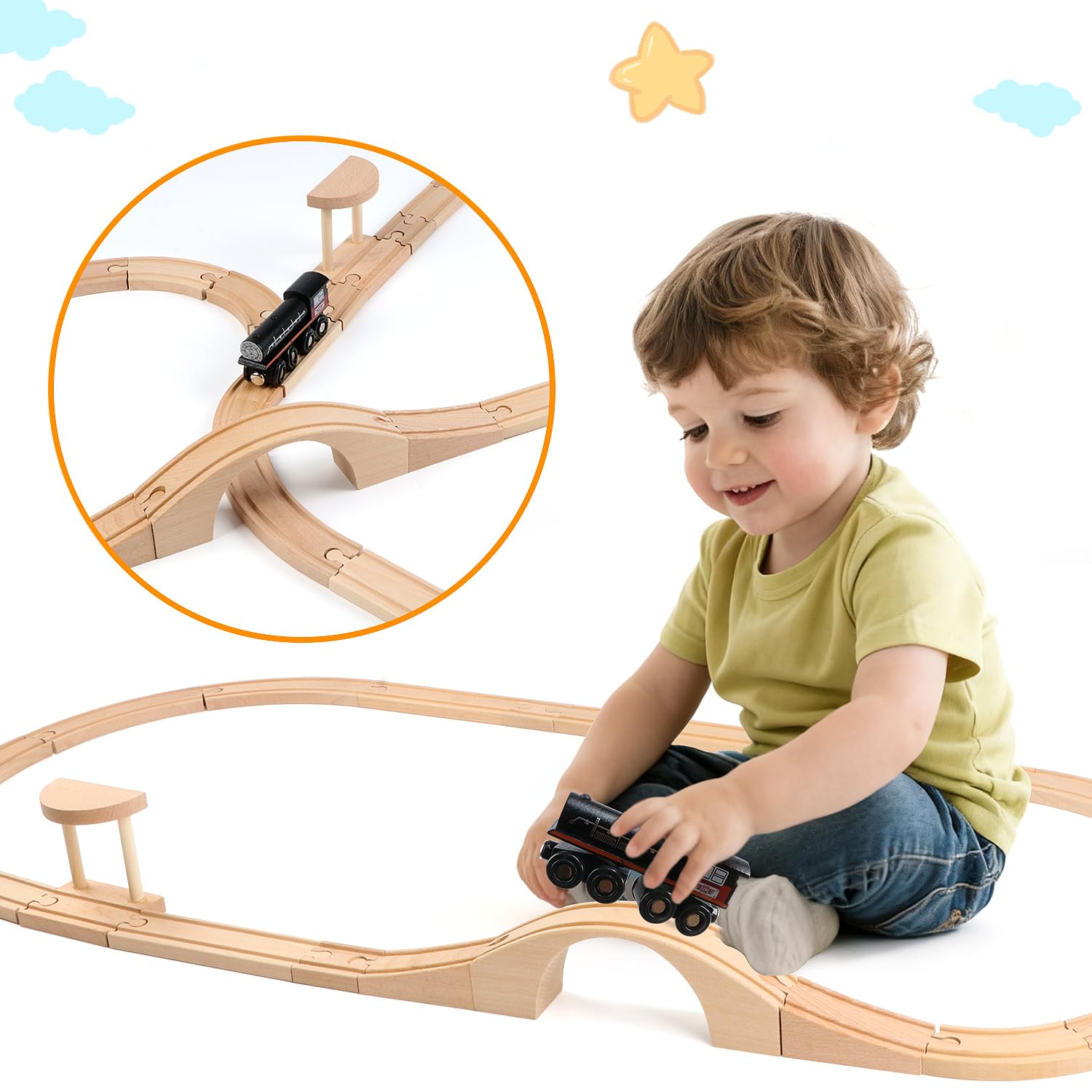 Paquete de expansión de pista de tren de madera, accesorios ferroviarios, juguetes para niños y niñas