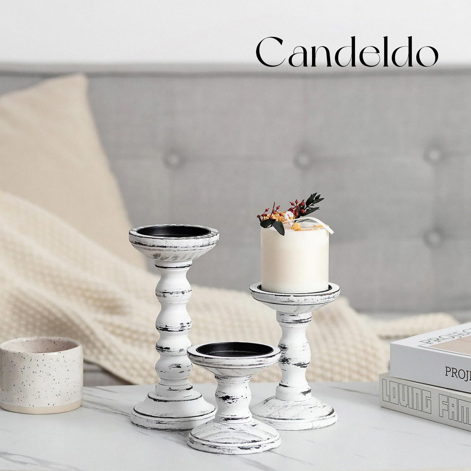 Candeldo Kerzenständer Holz Vintage Deko: 3 Stück Kerzenhalter Stumpenkerzen Wohnzimmer Tischdeko Groß Kerzenständer Dekoration Esstisch Weihnachten (schwarz + weiß)