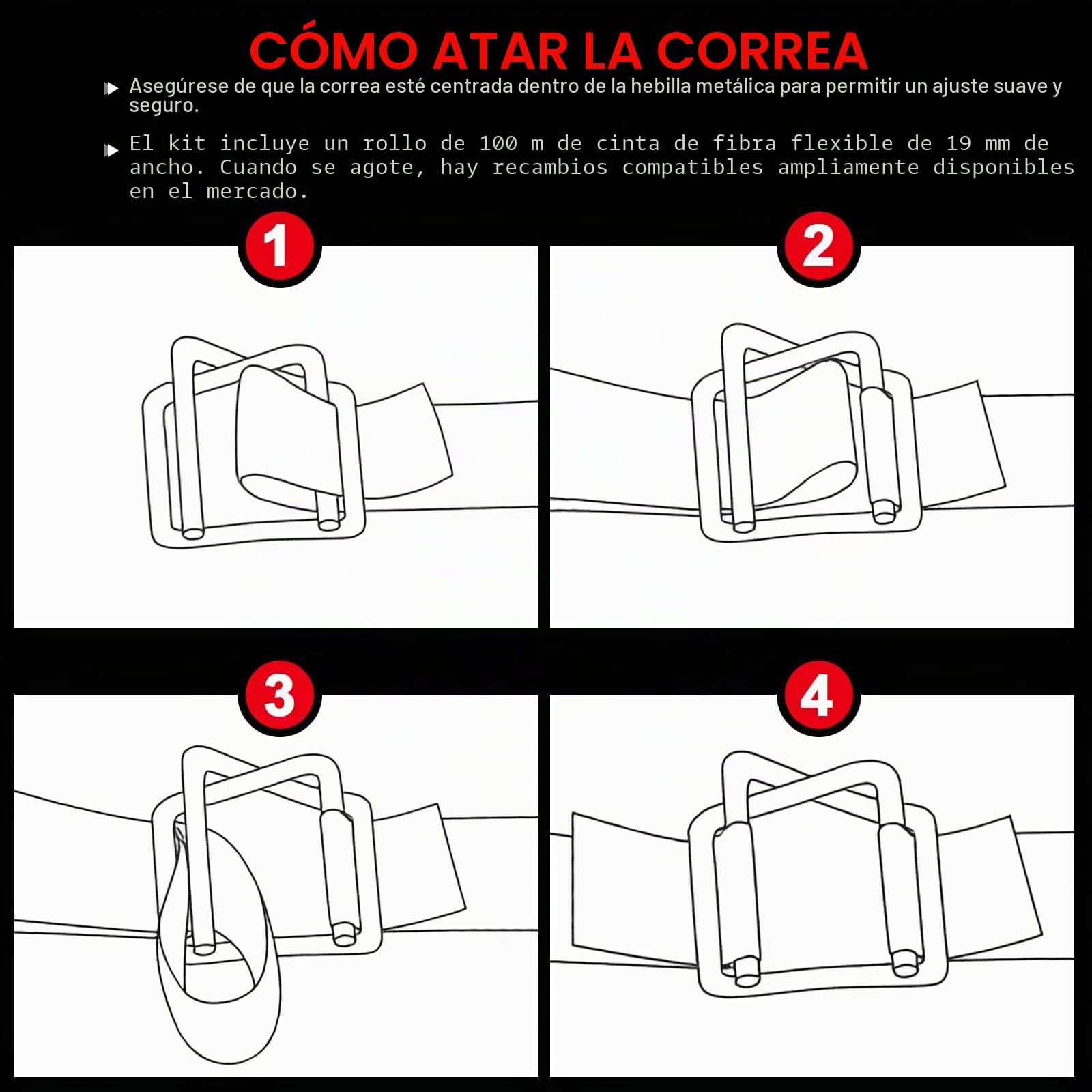 Juego de flejado manual, juego de dispositivo de flejado manual, juego de flejado con tensor (50 m de bandas flexibles de poliéster + 100 hebillas metálicas + 50 esquinas de embalaje)