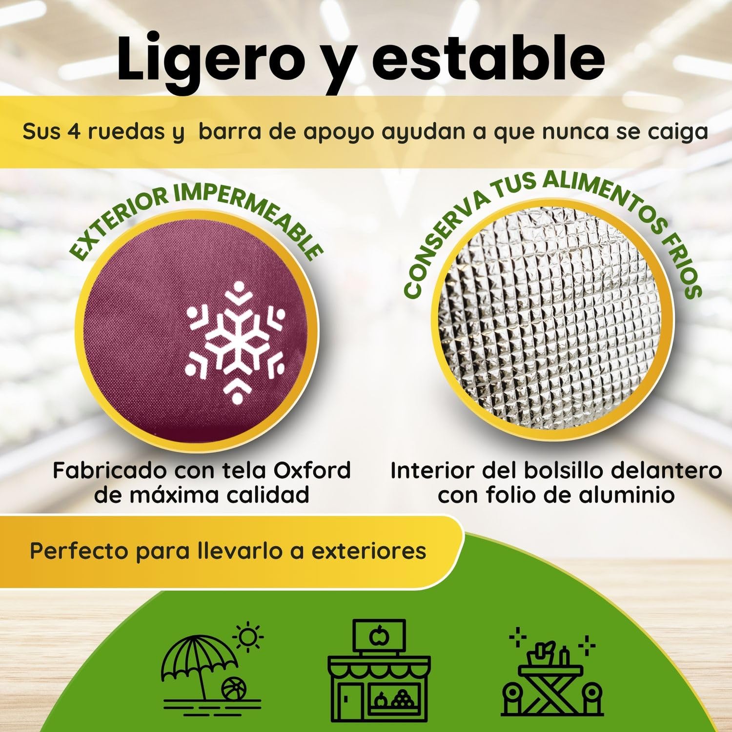 Carro de la Compra 50L con Compartimento Refrigerante y Gancho, 4+2 Ruedas Ideal Supermercado Granate