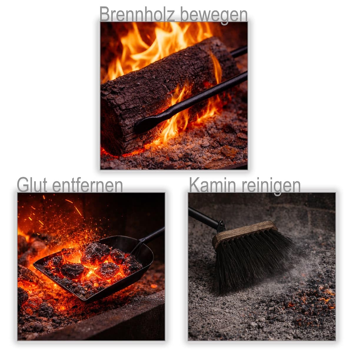 MS Beschläge Kaminbesteck 4-teilig schwarz pulverbeschichtet - Stahl Ofenbesteck mit Behälter & Edelstahlgriffen - Kamingarnitur modern Kamin Zubehör mit Zange Schaufel Besen - Kaminofen-Set elegant