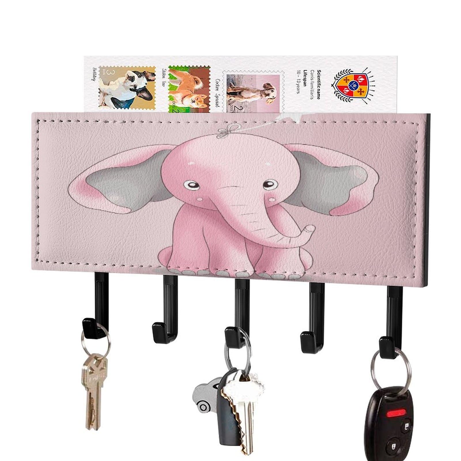 Fekiloot Black-Style Pink Elephant Key Holder For Wall Decorative Mail Organizer With 5 Key Hook Self Adhesive Key Rack With Tray Coat Rack Wall Mount Key Hanger Decor For Entryway Door