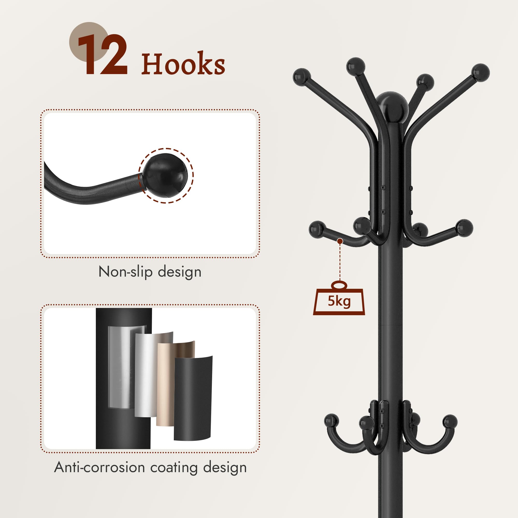 FAVOOSTY Porte-manteau avec Porte-parapluie, Porte-vêtements avec 12 Crochets, Porte-vestes sur Pied, Porte-manteau, Pour salon, Chambre à Coucher,entrée -Noir