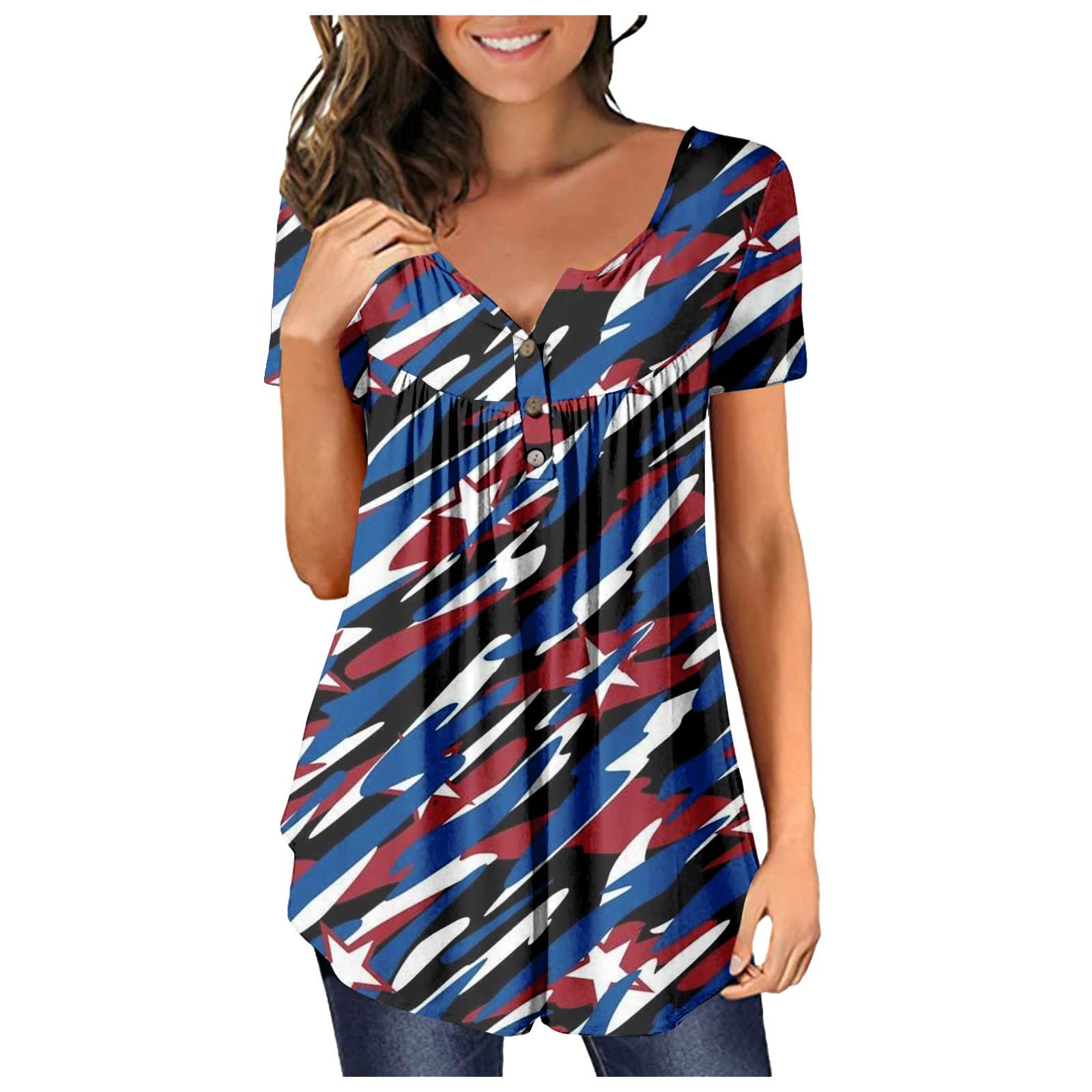 Short Sleeve Independence Day Tee Women Hip Cut Out Bicycle Light Print Tee Shirts Comfort V-Neck Shirts