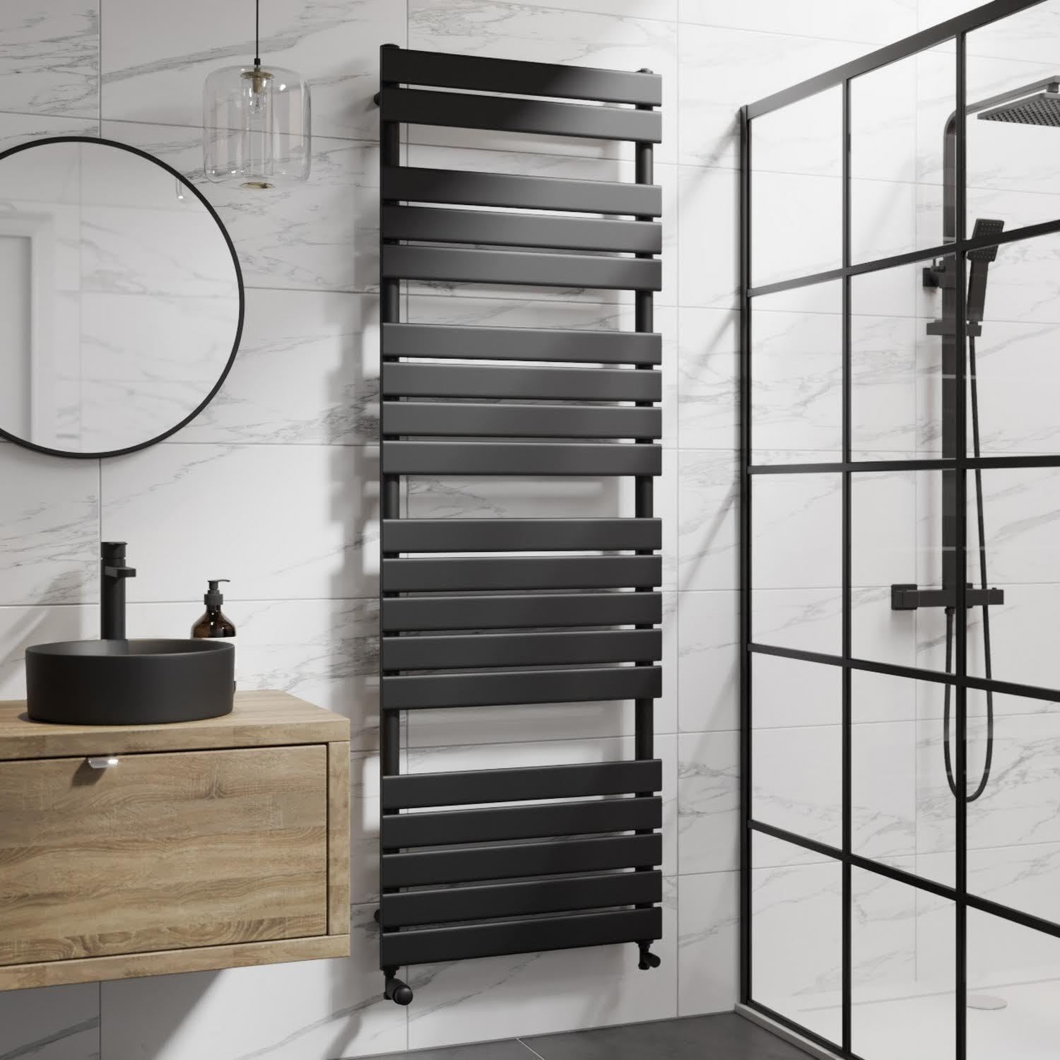 Duratherm Black Duratherm® 1800 X 600Mm Flat Panel Heated Towel Rail Radiator Modern Central Heating Bathroom Warmer Wall Mounted Ladder Rad, Matt