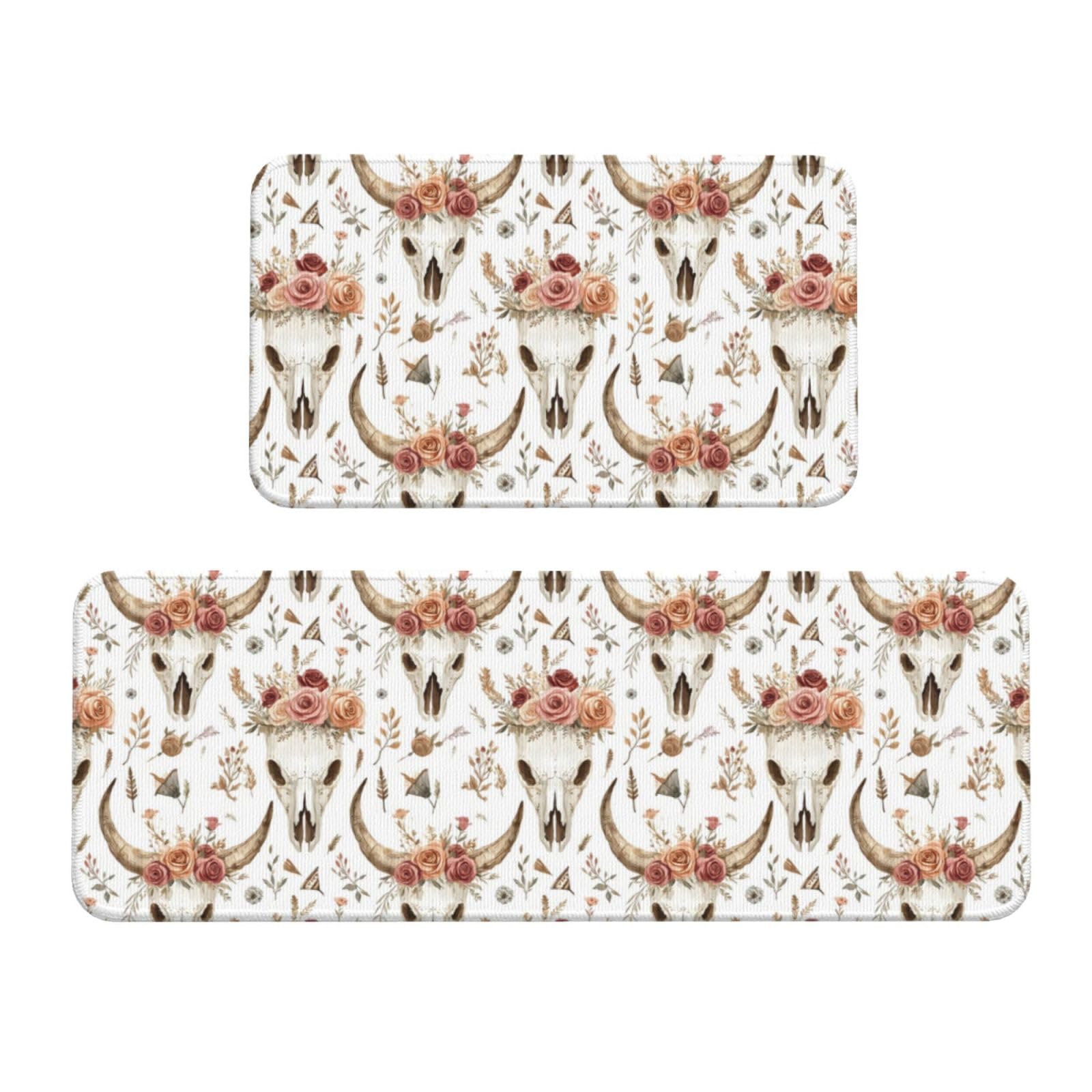 GVYGVY Antifatigue Kitchen Mats for Floor 2 Piece - Rose Sheep Skull Print Kitchen Rugs Washable, Non Slip Runner Rug Standing Mat for Office/Bathroom/Laundry/Home Decor and Accessories