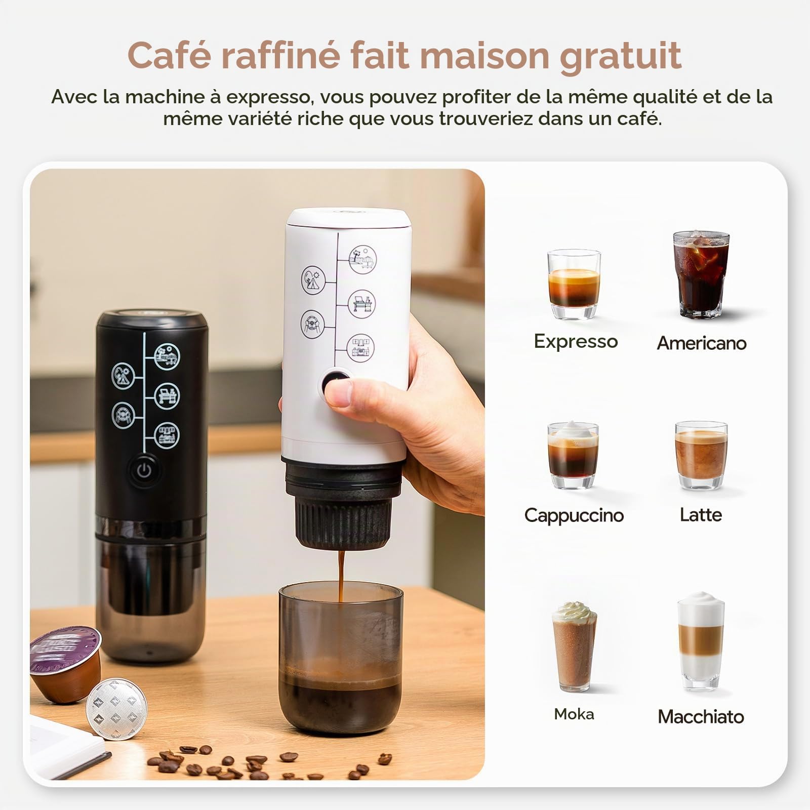 RECAFIMIL Machine à expresso électrique portable 3 en 1 12 V 12 V – Cafetière d'extraction en un clic sans fonction de chauffage compatible avec les capsules NS et DG et marc de café pour bureau et