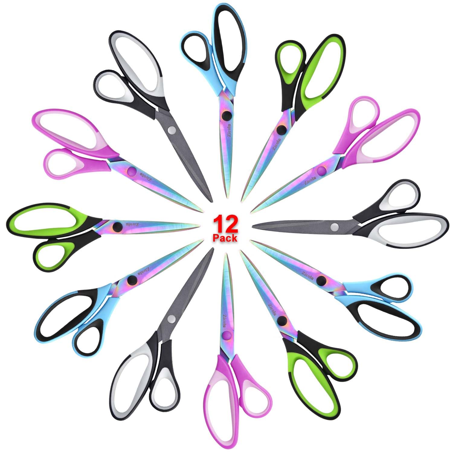 Zicolu 8.5" Scissors Bulk Set of 12-Pack, Sharp Scissors all Purpose Heavy Duty, Non-Stick and Titanium Coating Blade, Multipurpose Shears for Office