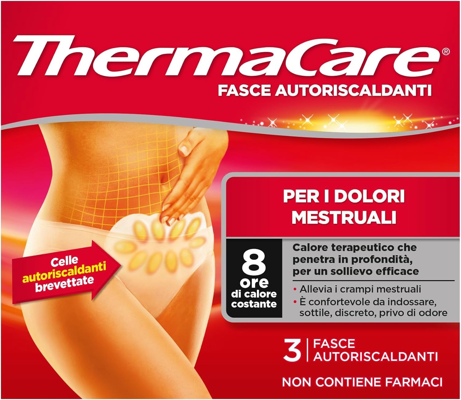 ThermaCare Fasce Autoriscaldanti a Calore Terapeutico per Dolori Mestruali, 8 Ore Calore Costante, 3 Fasce Monouso