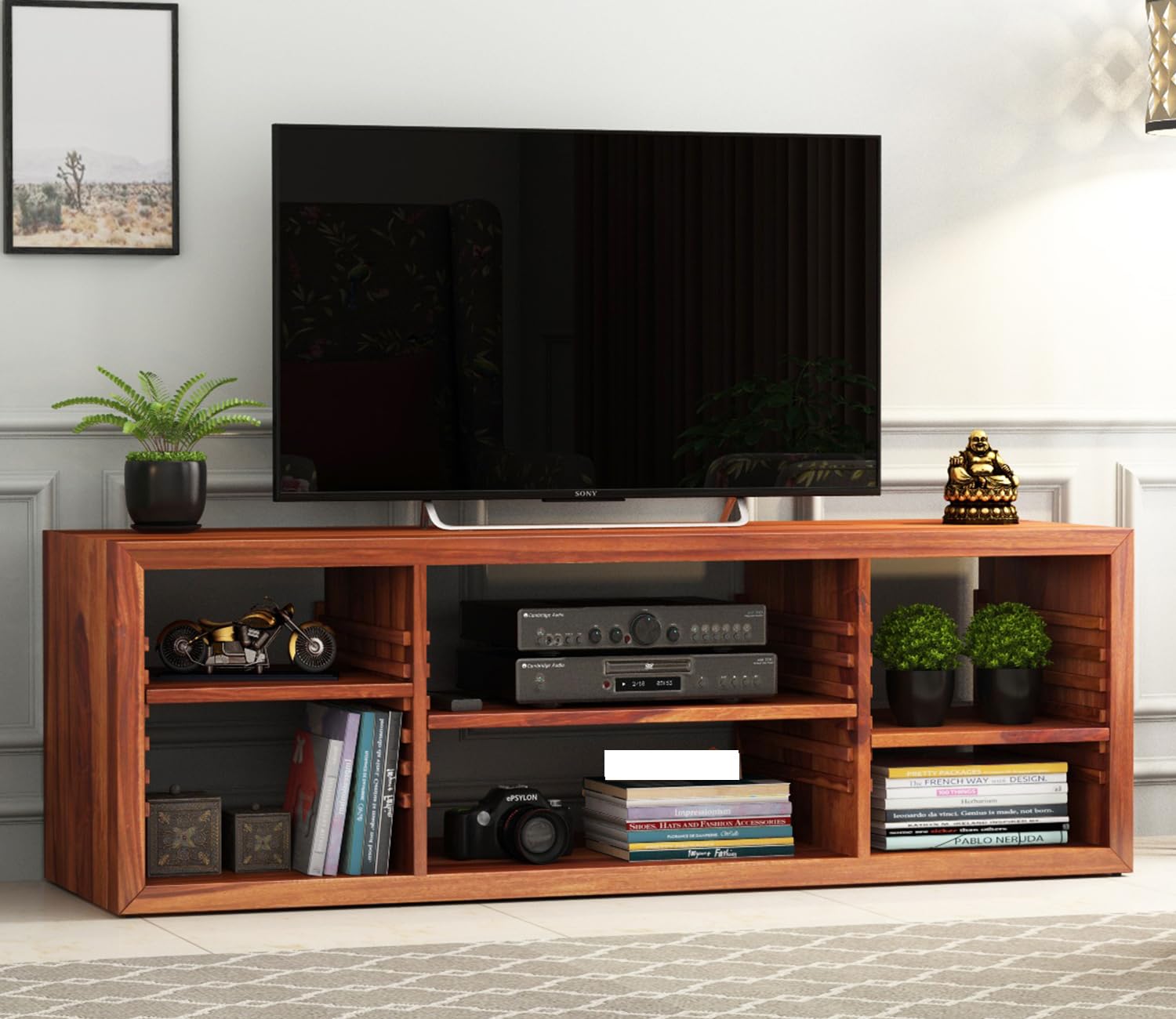GateWay Furniture Solid Sheesham Wooden TV Unit for Bedroom with 6 Adjustable Shelves Storage - Accommodates up to 55-Inch TV - Wooden TV Unit Cabinet for Living Room & Hallway Decor (Design 8)-image-26