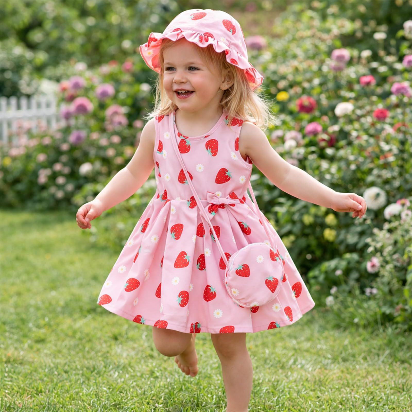 Robe d'été pour Filles en Bas âge avec Chapeau de Soleil et Sac Mignon Tenues décontractées sans Manches avec nœud pour bébé Vêtements de Plage pour bébé