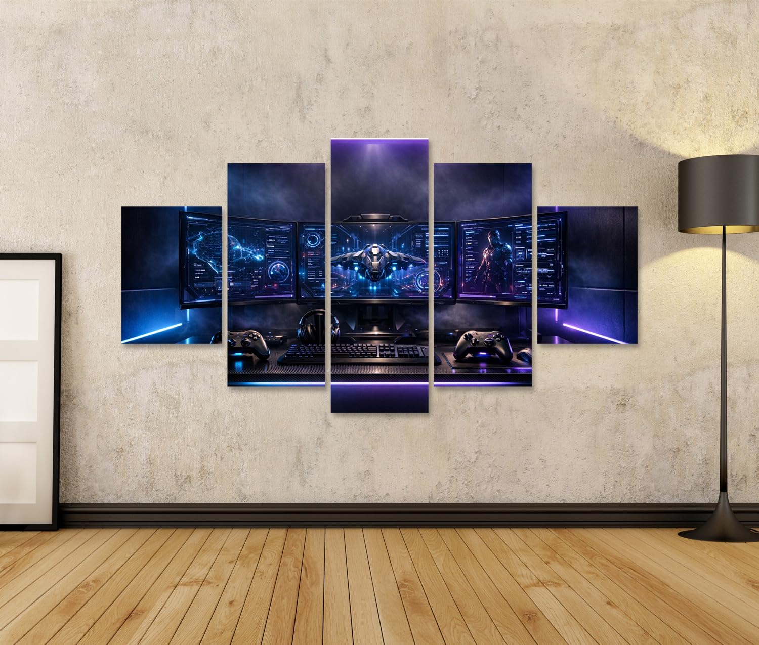 islandburner Bild auf Leinwand Futuristisches Gaming-Setup mit LED-Beleuchtung und drei Monitoren - 5-teilig