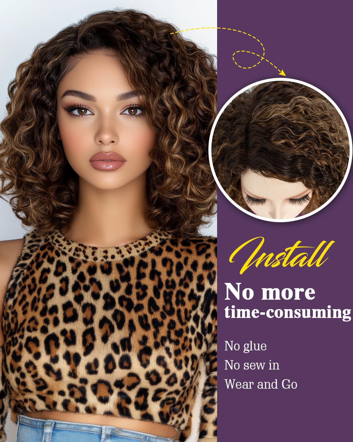 FASHION IDOL Short Curly Bob Human Hair Wig Precut Preplucked Glueless Wear and Go Upgraded Invisible Secret Glueless Human Hair Ready to Wear Wigs C-Type Part Lace Wig 200% Density - Image 3