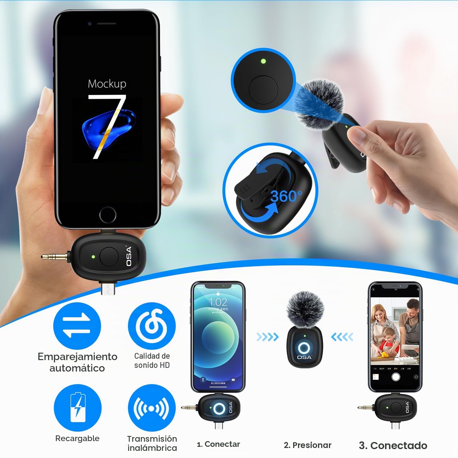 OSA 3 en 1 microfono inalambrico para cámara, iOS, Android y portátil, 8H Long Working Time Lapel Mic con reducción de Ruido para grabación de vídeo, Vlog, Youtube, TikTok