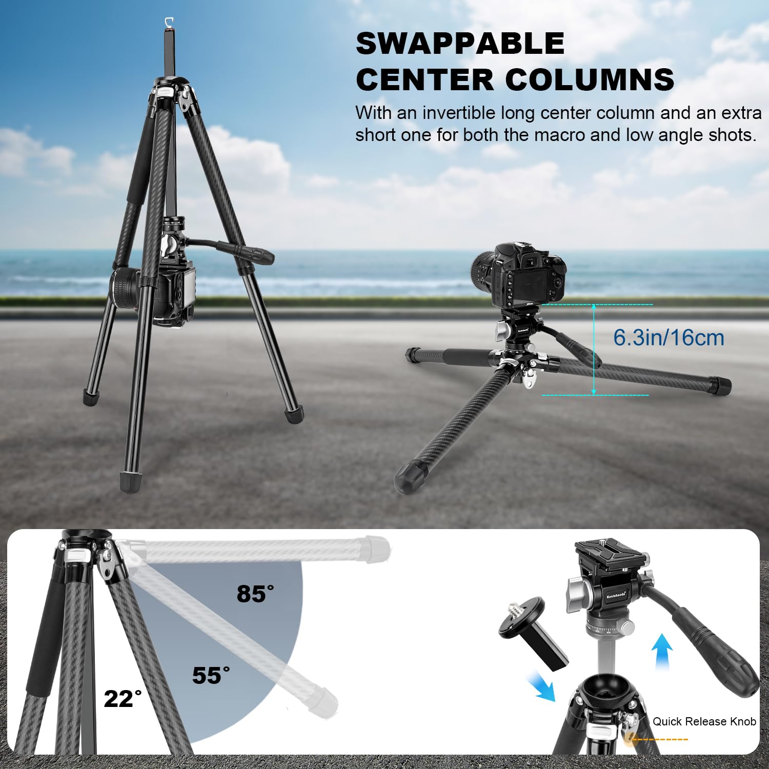 Koolehaoda Trípode de viaje de video, trípode de cámara de aluminio ligero de 63 pulgadas con cabezal fluido panorámico de 360°, configuración de pierna de liberación rápida para viajes, video