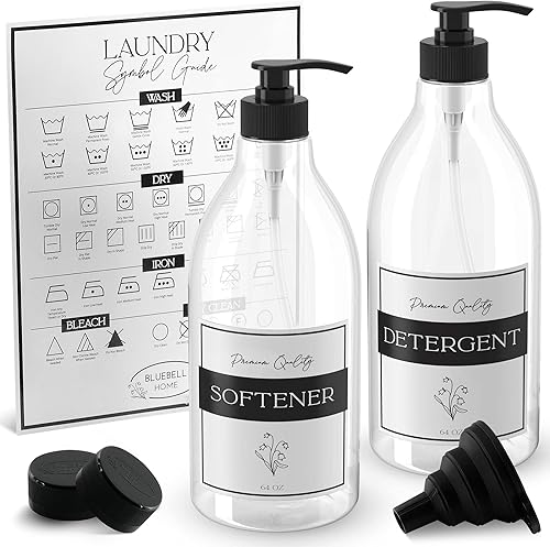 Dispensador de detergente líquido para lavandería, 2 recipientes de plástico PET (64 onzas) para jabón de lavandería y suavizante de telas, más 2