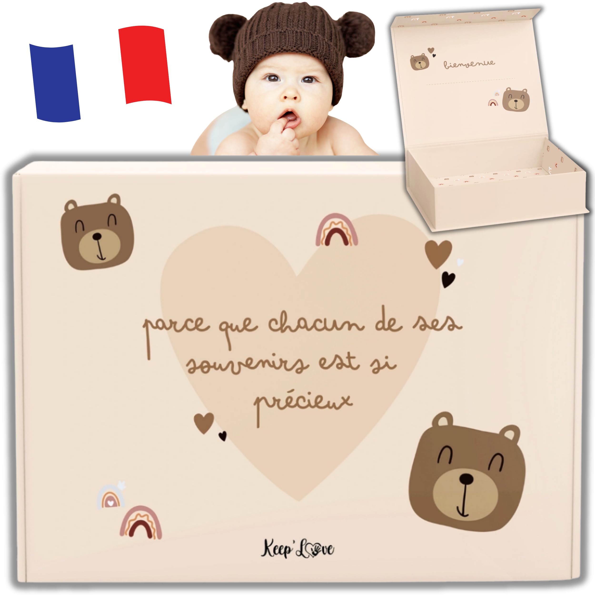 Keep'Love - Boîte à Souvenirs Bébé - Coffret de Naissance Boîte Souvenirs Enfant - Cadeau Naissance - Baby Shower - Personnalisable Prénom au Stylo (Boîte à souvenirs seule)